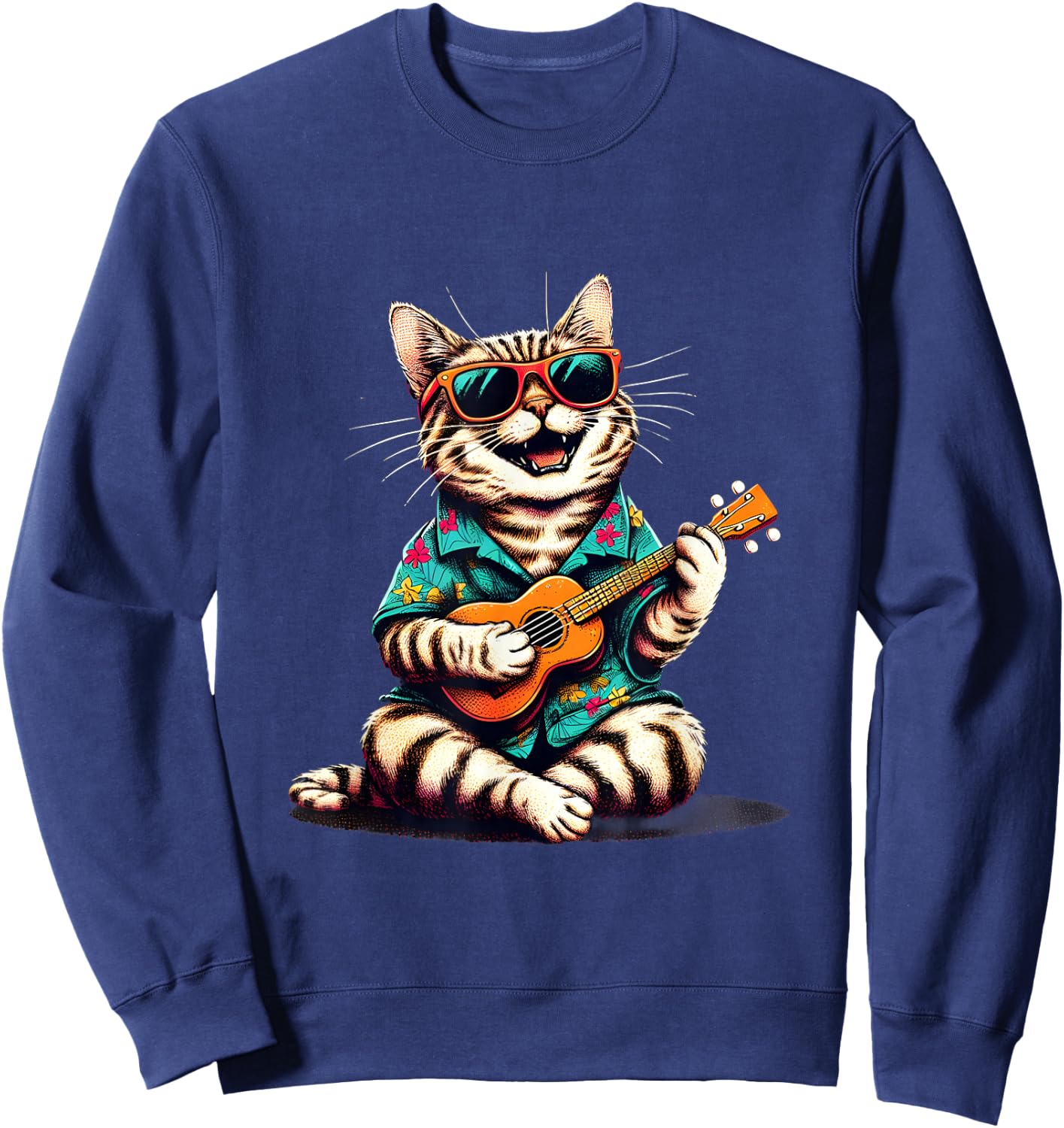 Cat Wearing a Hawaiian Shirt, Playing a Ukulele Sweatshirt - Sweatshirt | Navy