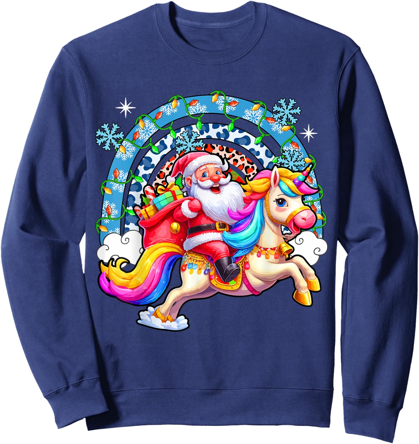 Santa Riding Colourful Unicorn Christmas Rainbow Xmas Lights Sweatshirt - Sweatshirt | Navy