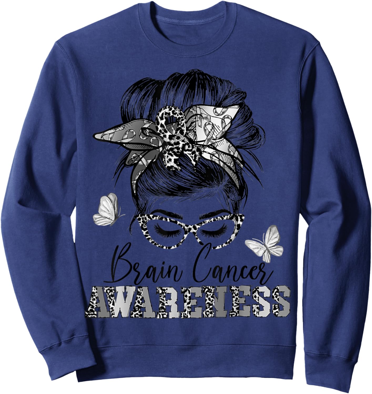 Messy Hair Bun Gray Ribbon Brain Cancer Awareness Sweatshirt - Sweatshirt | Navy