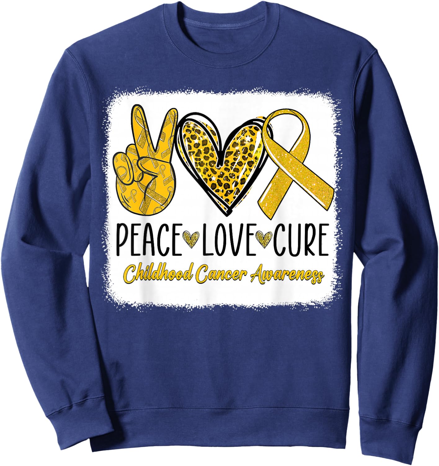 Peace Love Cure Childhood Cancer Awareness Gold Ribbon Sweatshirt - Sweatshirt | Navy