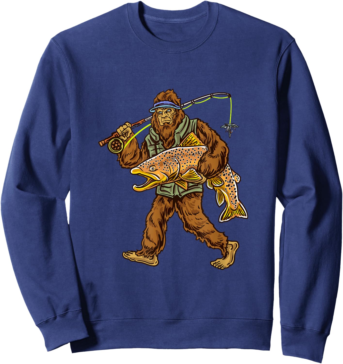 Brown Trout River Fishing Bigfoot Hunting Fishermen Sweatshirt - Sweatshirt | Navy