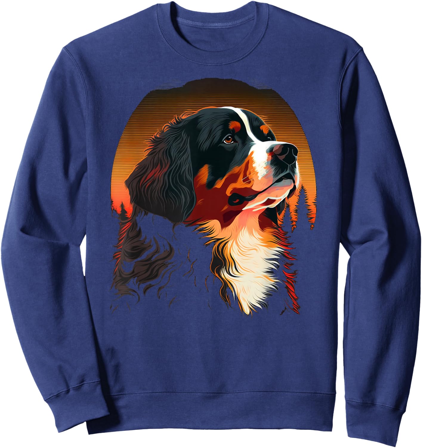 Bernese Mountain Dog at Sunset in the Woods Black Graphic Men Women Kids Sweatshirt - Sweatshirt | Navy