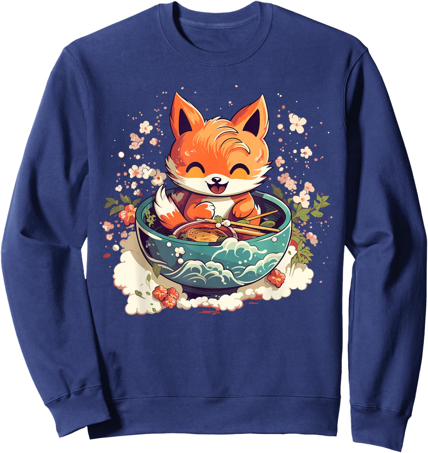 Kawaii Fox Eating Ramen - Ramen Noodle Lovers - Fox-Themed Sweatshirt - Sweatshirt | Navy