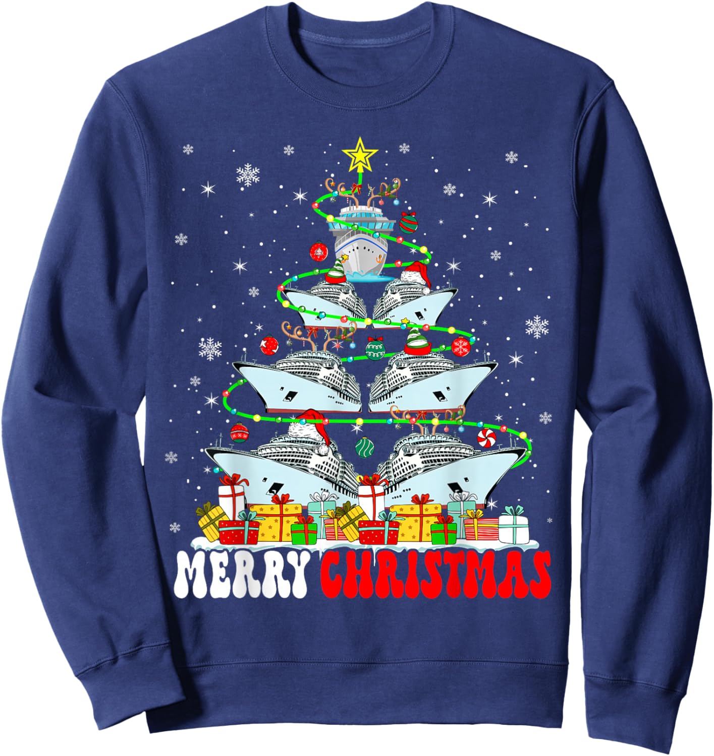 Merry Christmas Reindeer Elf Santa Cruise Ships Xmas Tree Sweatshirt - Sweatshirt | Navy