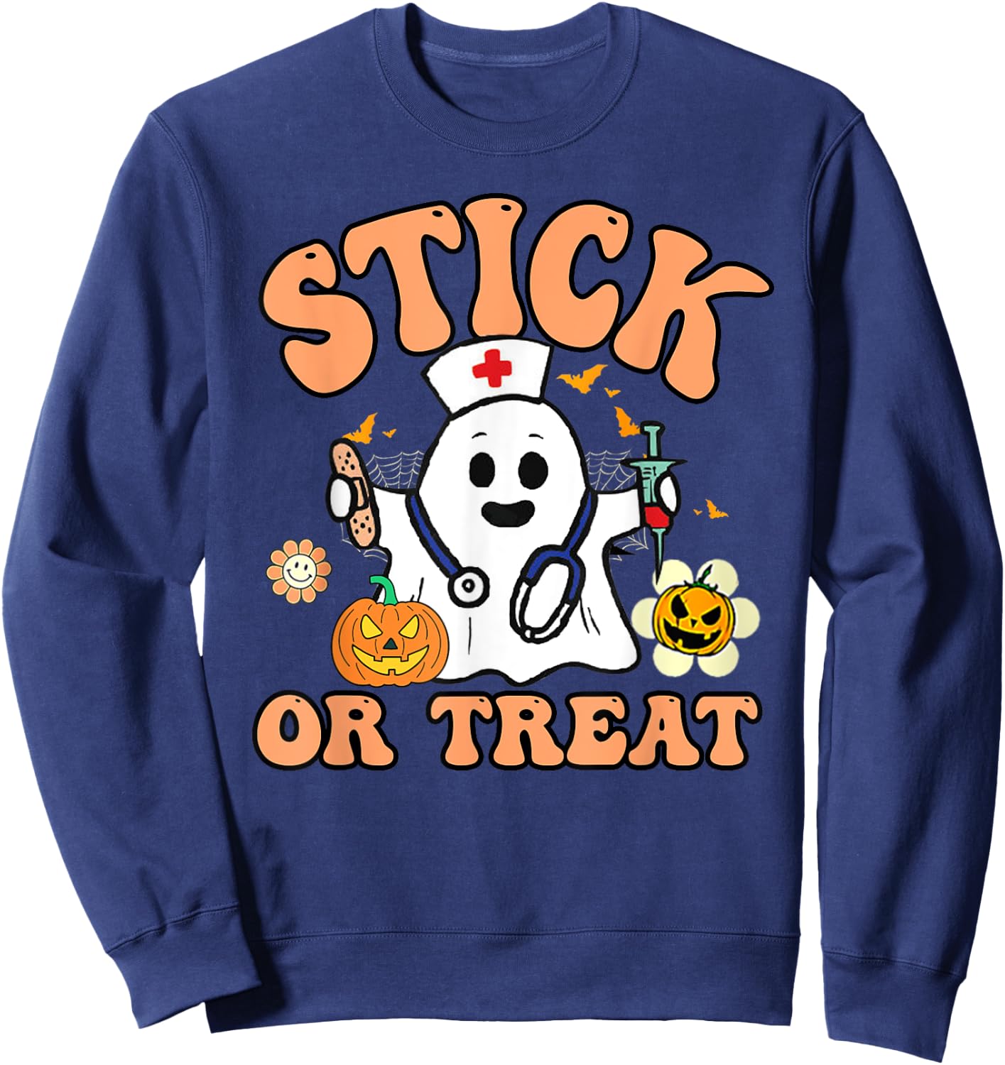 Groovy Stick Or Treat Funny Halloween Nurse Sweatshirt - Sweatshirt | Navy