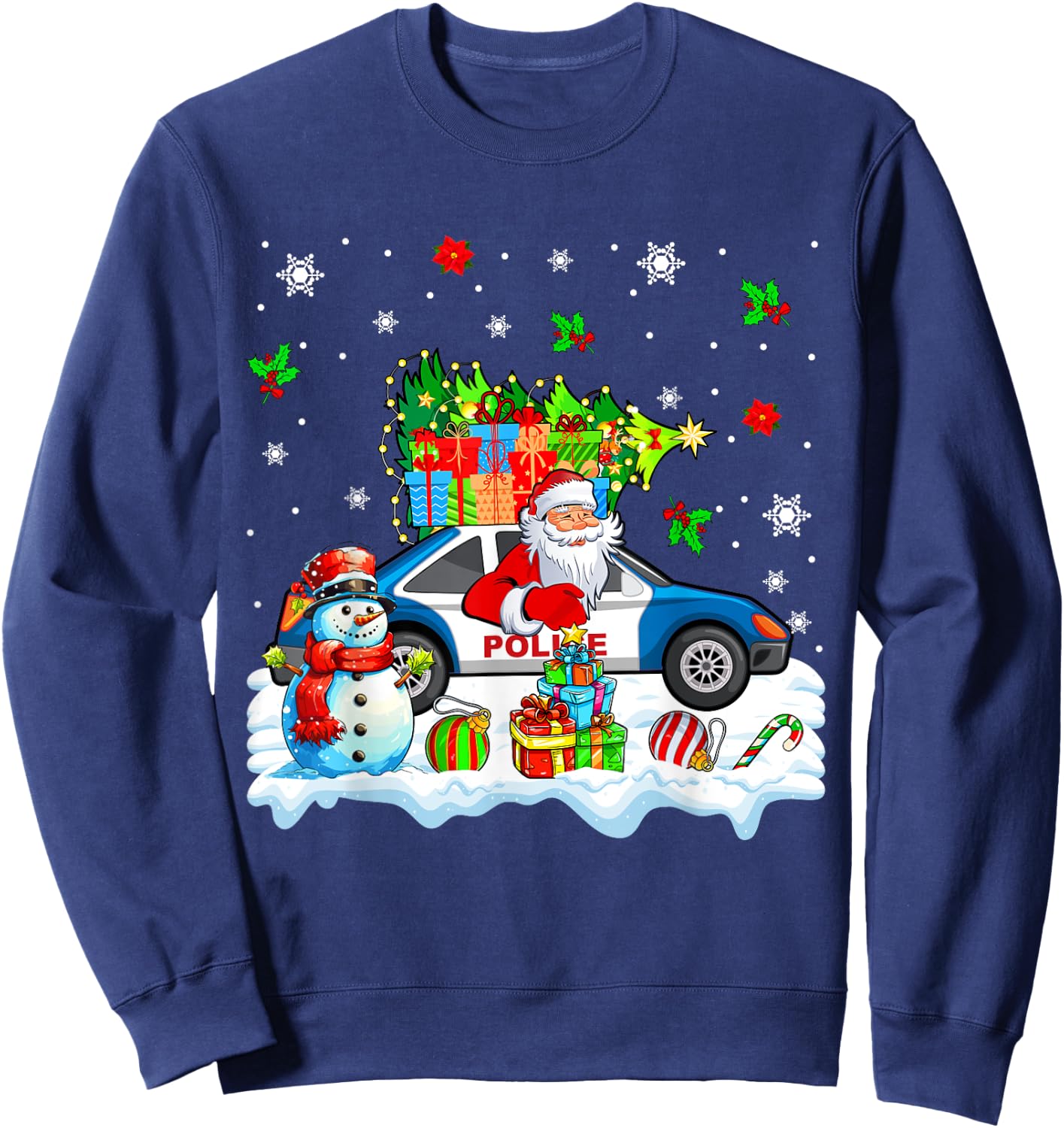 Santa Carrying Christmas Tree On Police Car Snowman Driver Sweatshirt - Sweatshirt | Navy