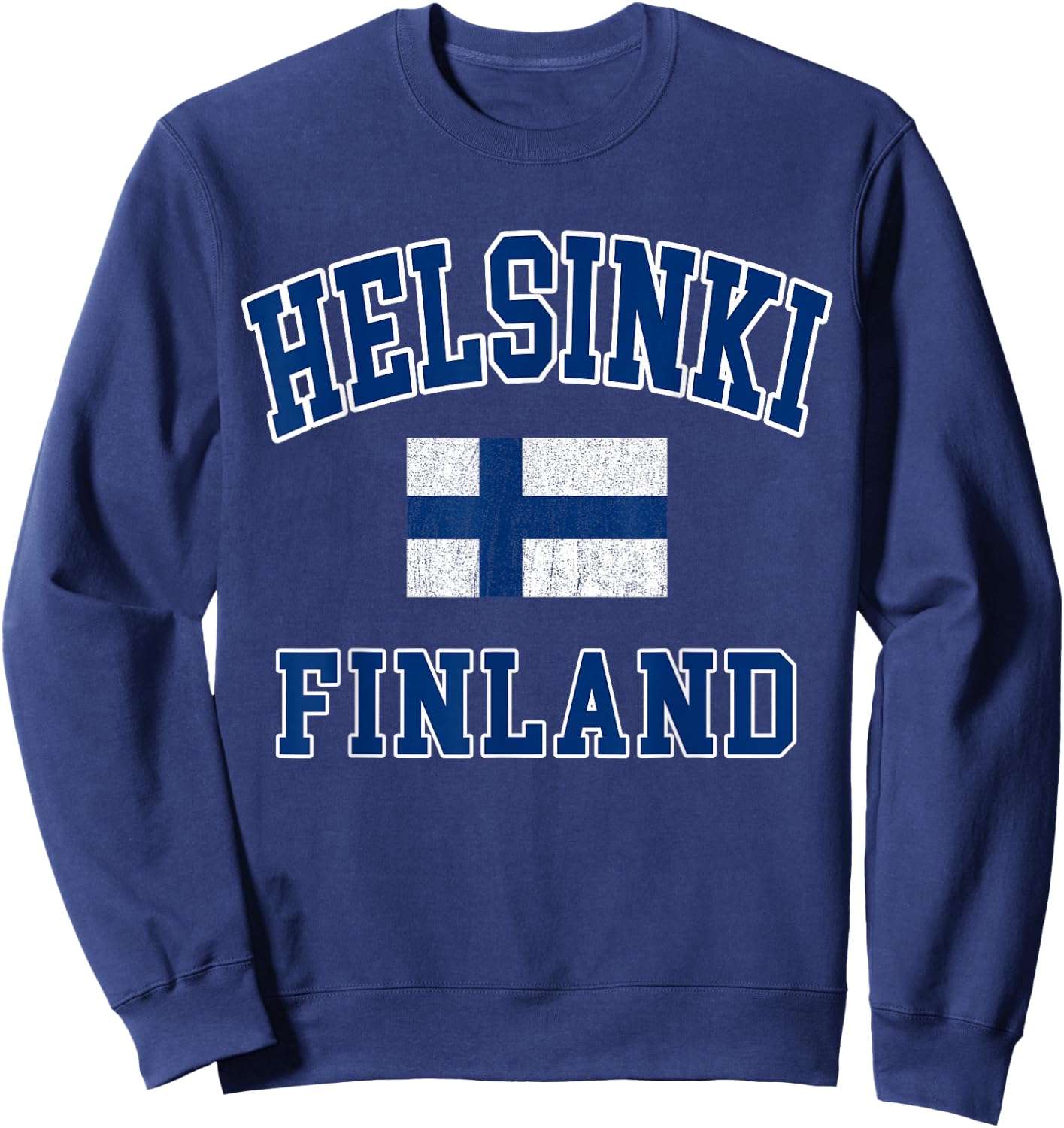 Helsinki Finland Flag Distressed Vintage Europe College Font Sweatshirt - Sweatshirt | Navy