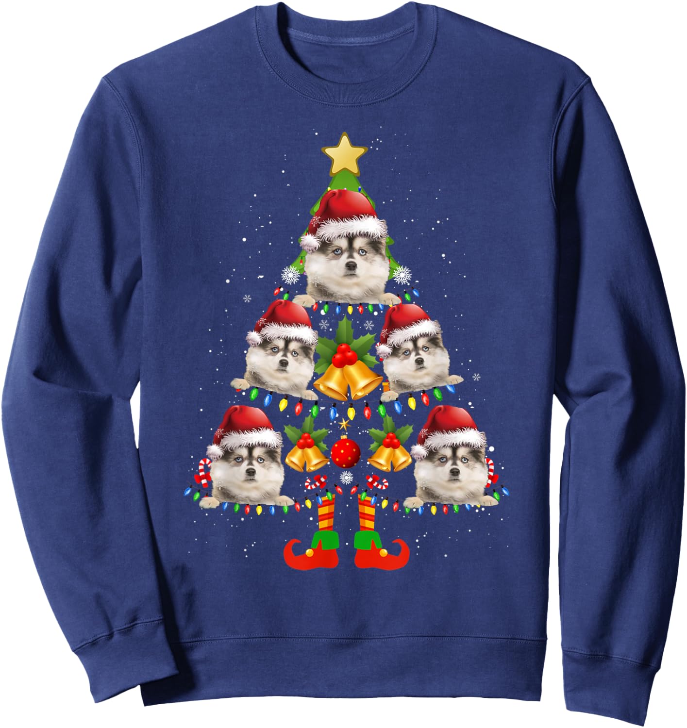 Funny Pomsky Christmas Lights Tree Dog Lover Xmas Sweatshirt - Sweatshirt | Navy