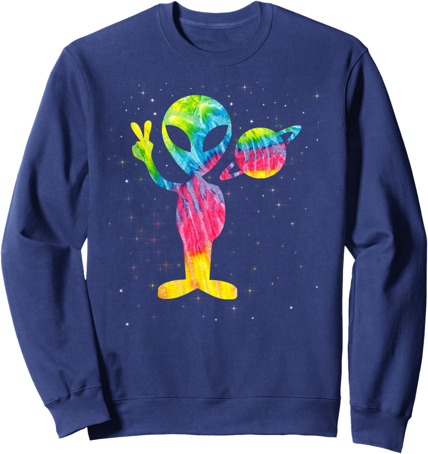 Vintage 1970s Tie Dye Groovy Alien Peace Retro Sweatshirt - Sweatshirt | Navy