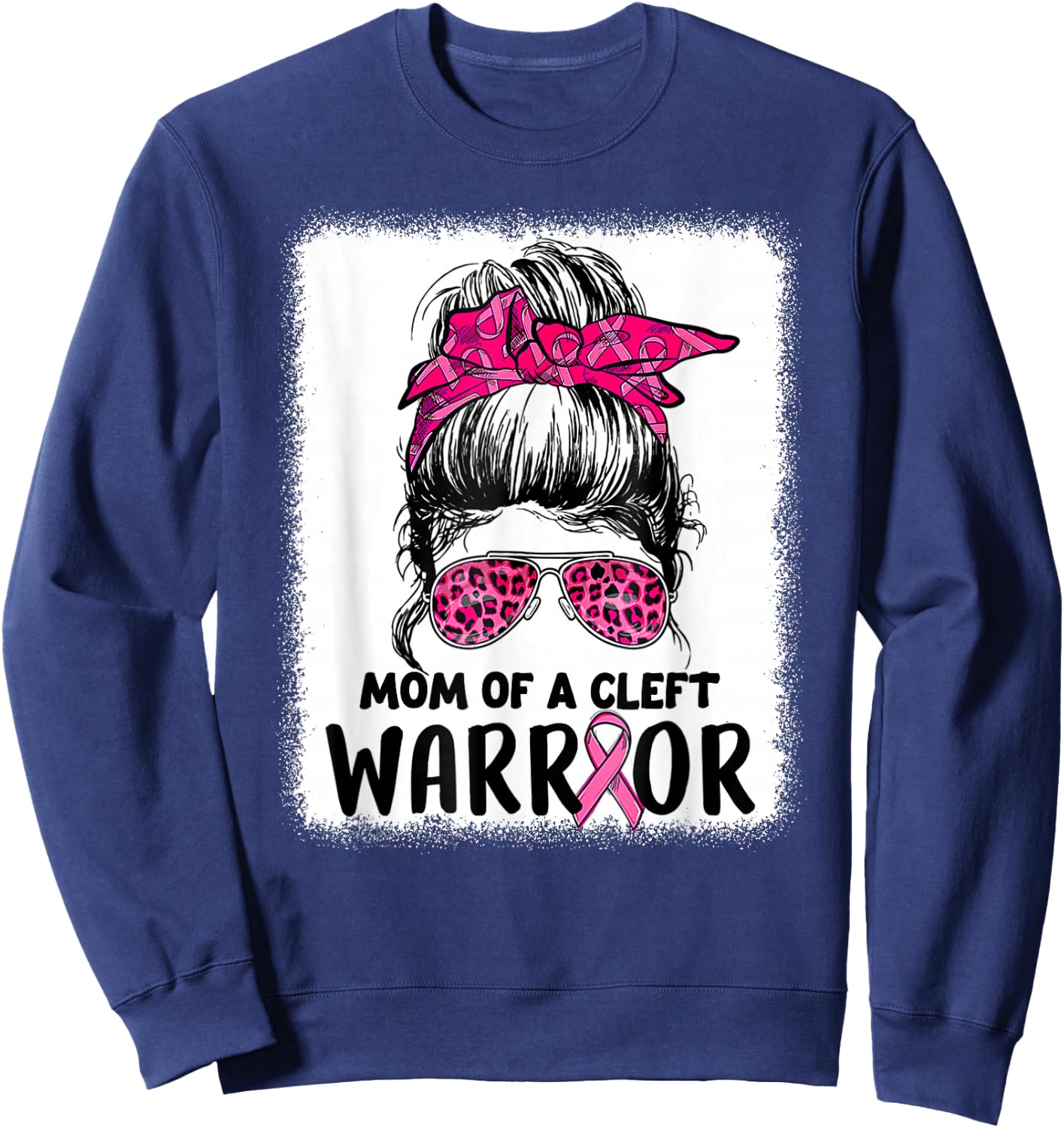 Mom Of Cleft Warrior Messy Bun Cleft Lip & Palate Awareness Sweatshirt - Sweatshirt | Navy