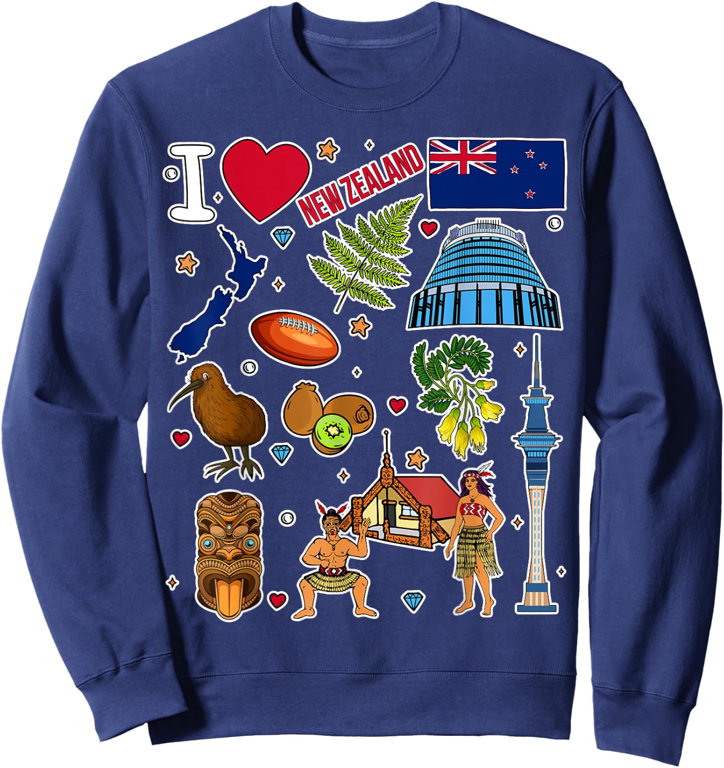NZ hand drawn symbols, New Zealand map, cultural icons Sweatshirt - Sweatshirt | Navy