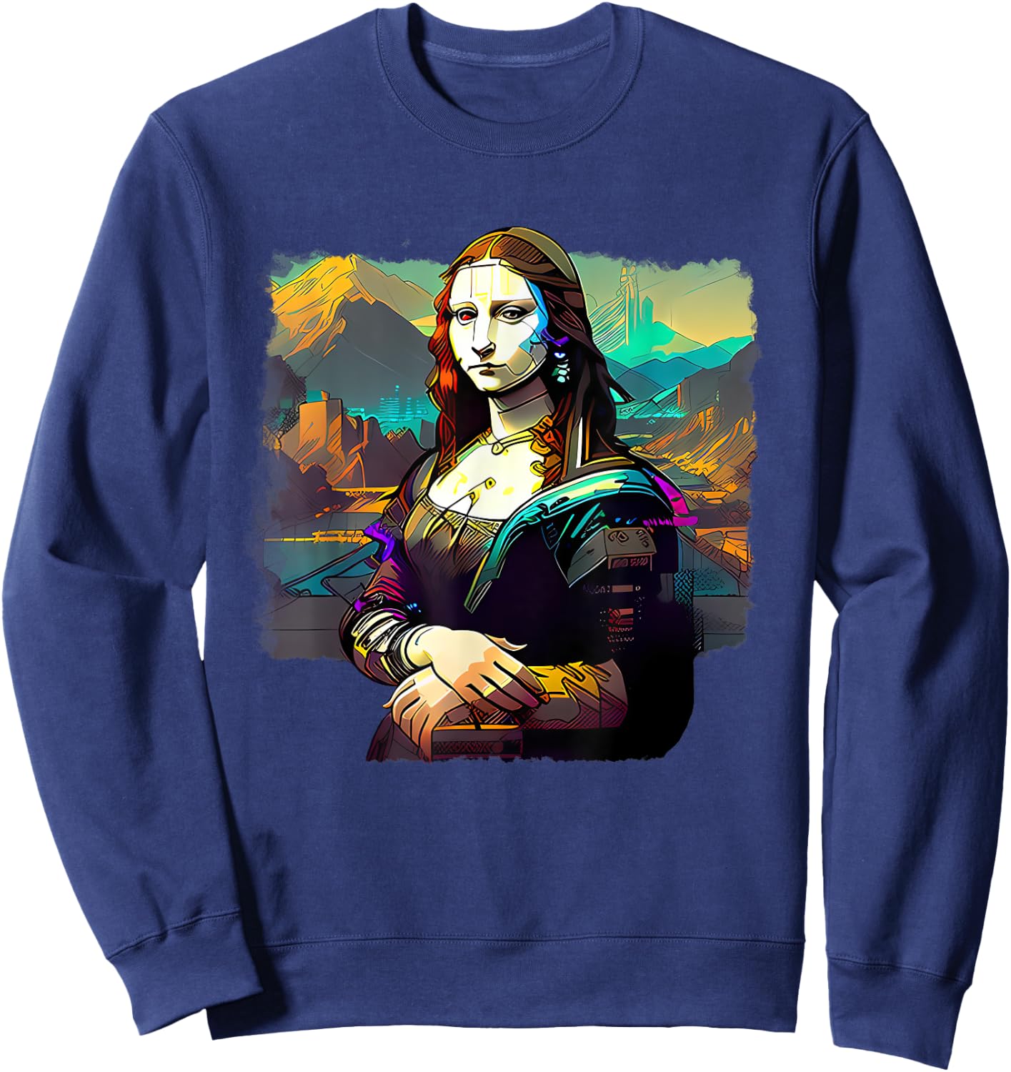 Cyberpunk Aesthetic - Cyberpunk Mona Lisa - Famous Painting Sweatshirt - Sweatshirt | Navy