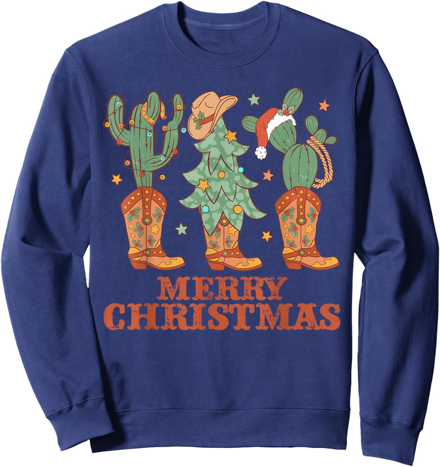 Cowboy Boots Christmas Tree Lights Western Merry Christmas Sweatshirt - Sweatshirt | Navy