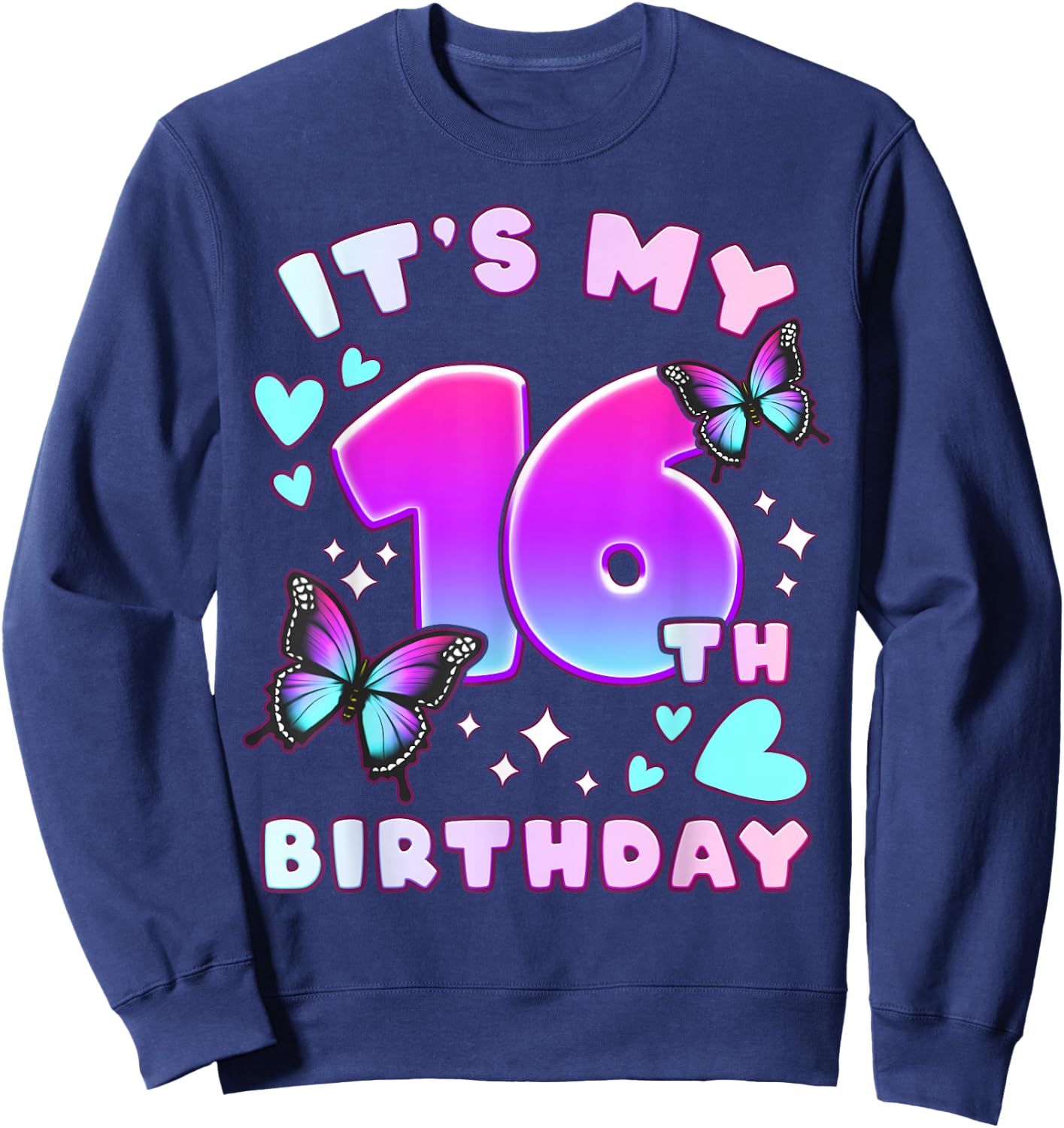 16th Birthday, Girl 16 years, Butterflies and Number 16 Sweatshirt - Sweatshirt | Navy
