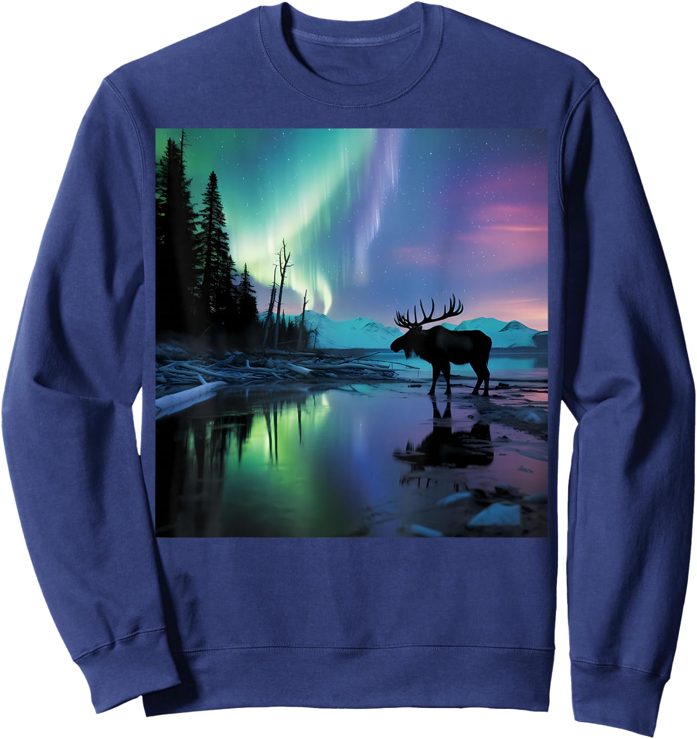 Alaska Aurora Borealis Moose Aesthetic Core Photo Souvenir Sweatshirt - Sweatshirt | Navy