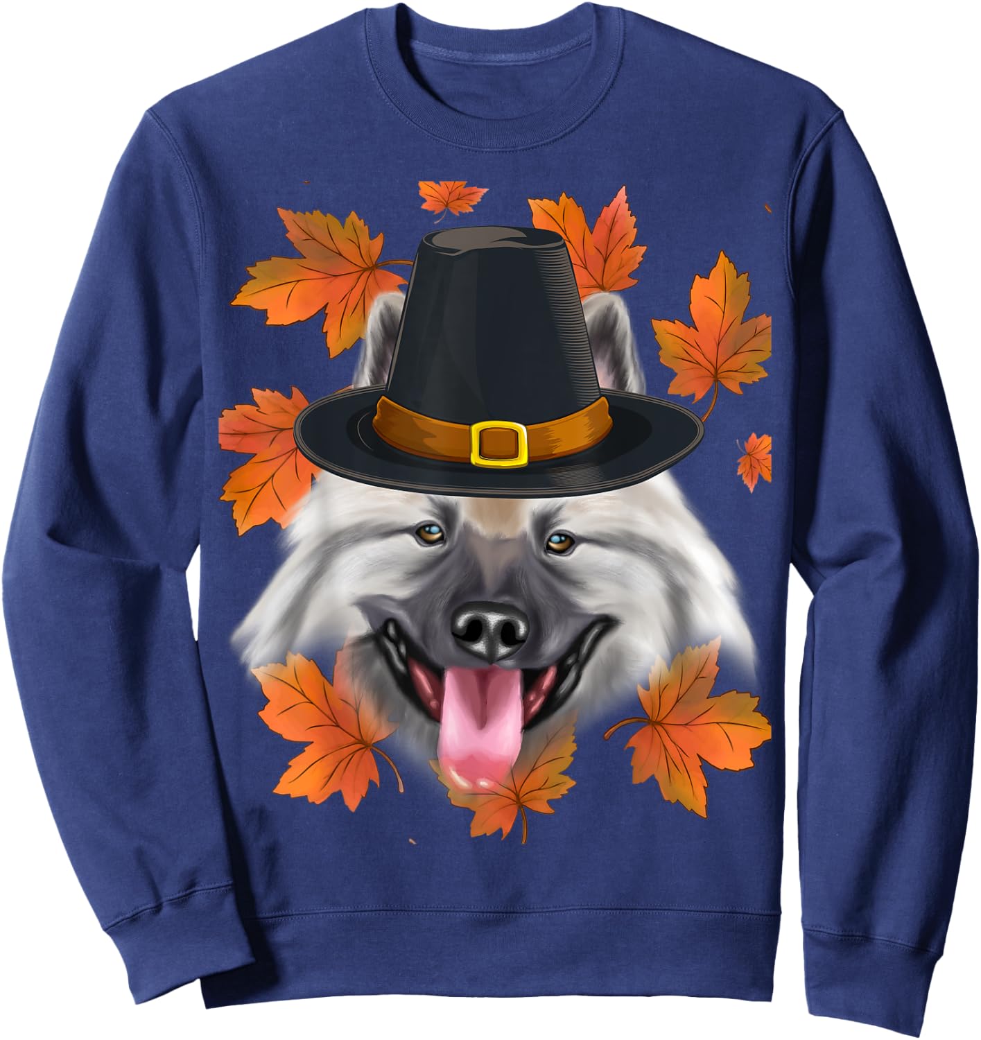 Fall Keeshond Pilgrim Thanksgiving Sweatshirt - Sweatshirt | Navy