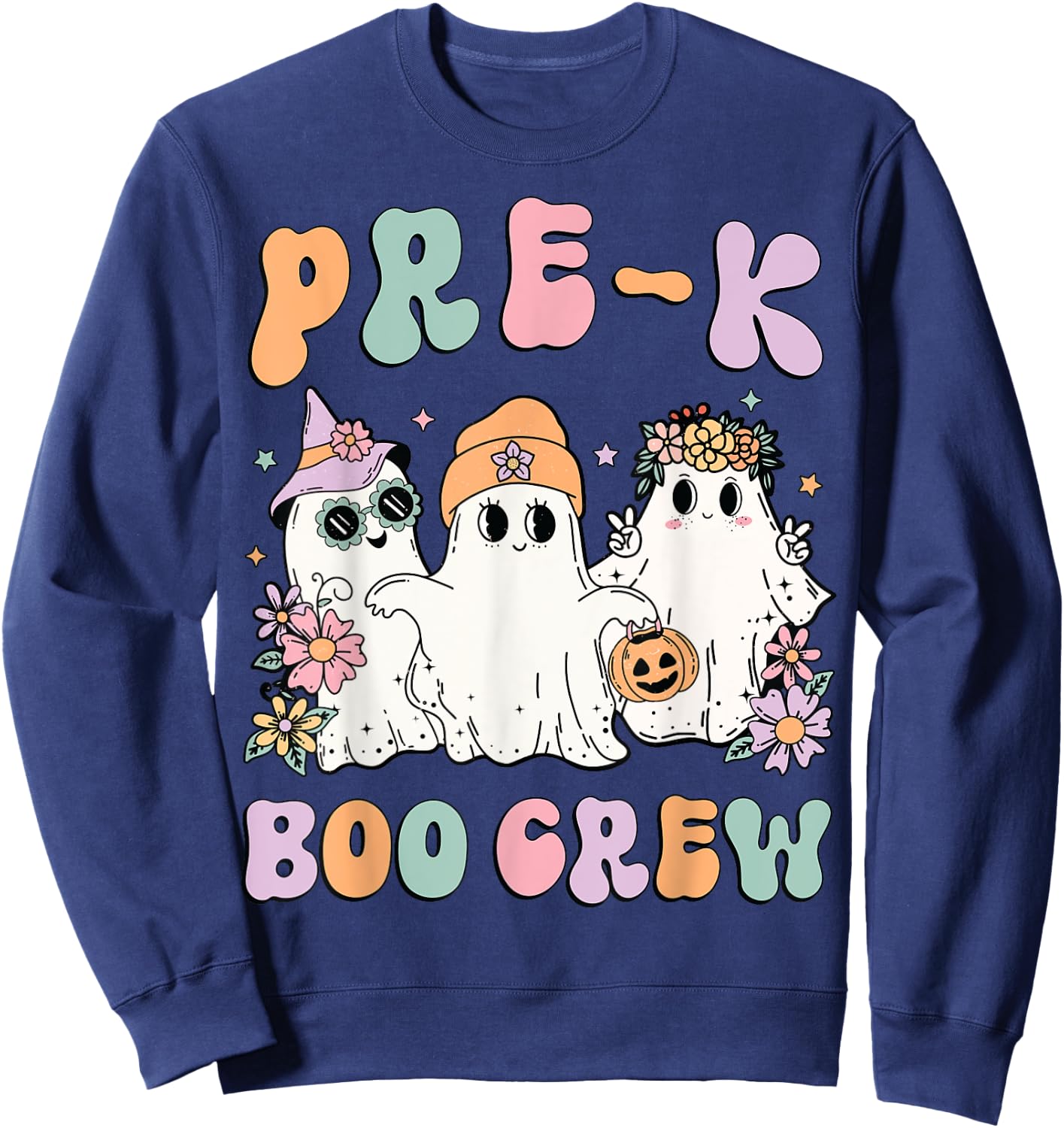 Pre-K Boo Crew Groovy Halloween Floral Ghost Pre K Teacher Men Women Kids Sweatshirt - Sweatshirt | Navy