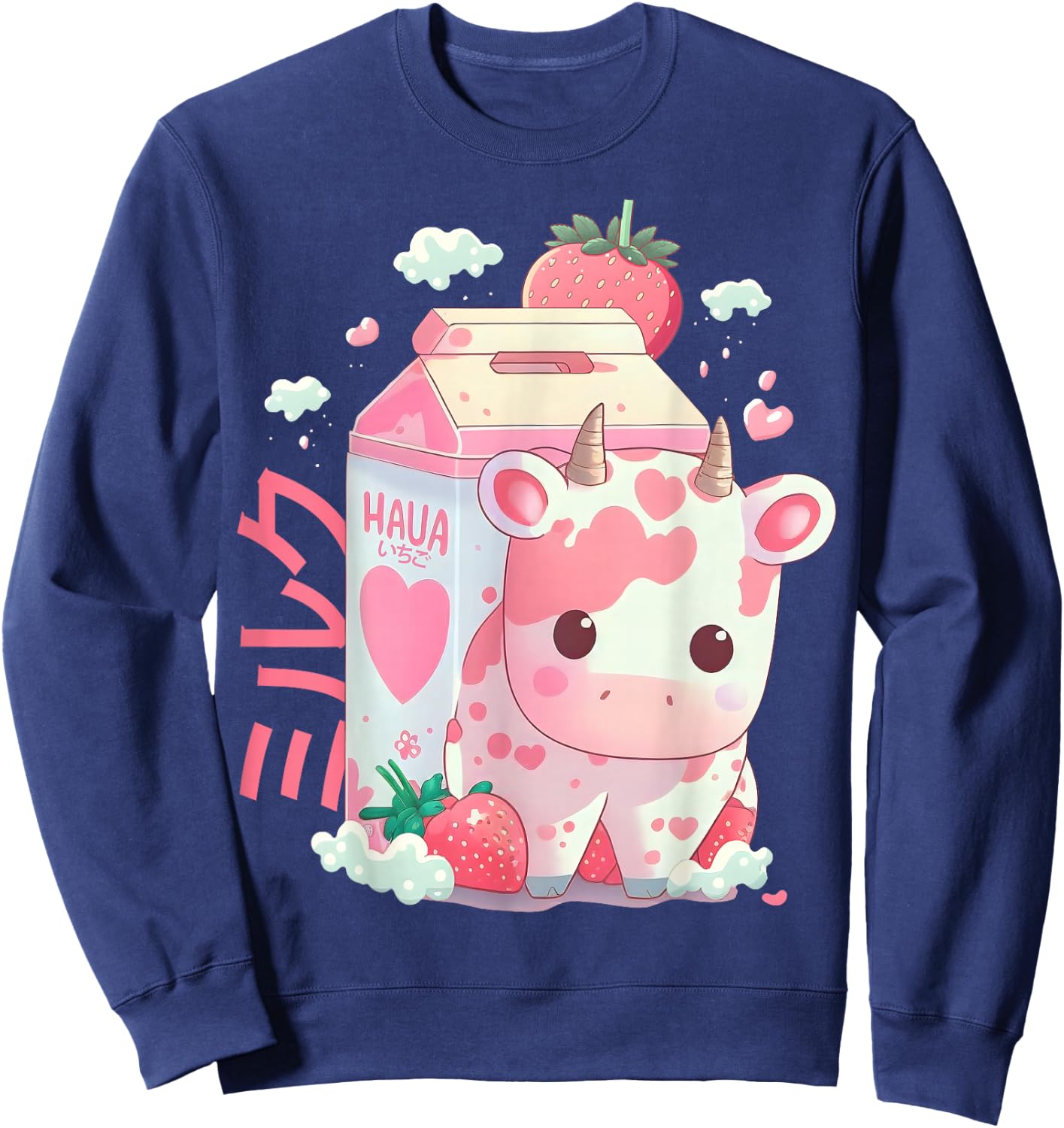 Strawberry Milk Milkshake Cow Carton Cute Kawaii Japanese Sweatshirt - Sweatshirt | Navy