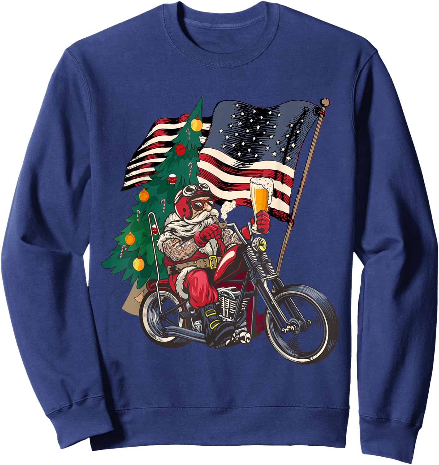 Santa Riding Motorcycle on Christmas - Biker US Flag Sweatshirt - Sweatshirt | Navy