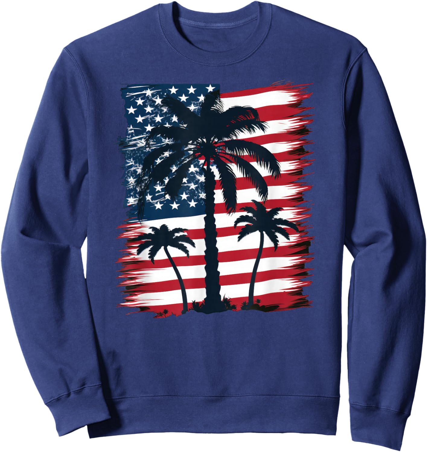 American Flag Palm Trees - Patriotic 4th of July Sweatshirt - Sweatshirt | Navy