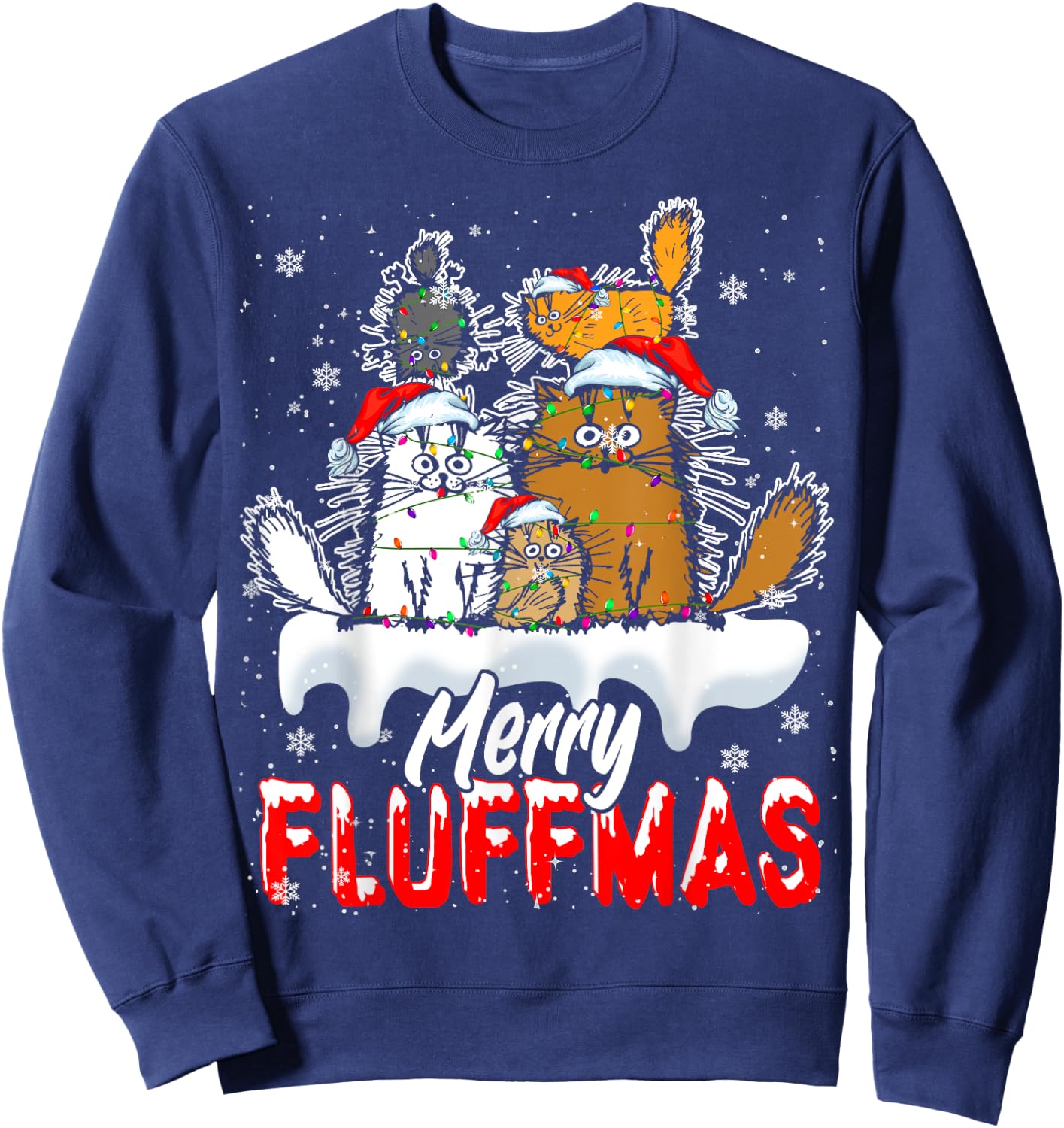 Merry Fluffmas Funny Christmas Lights Santa Cat Kitten Lover Sweatshirt - Sweatshirt | Navy