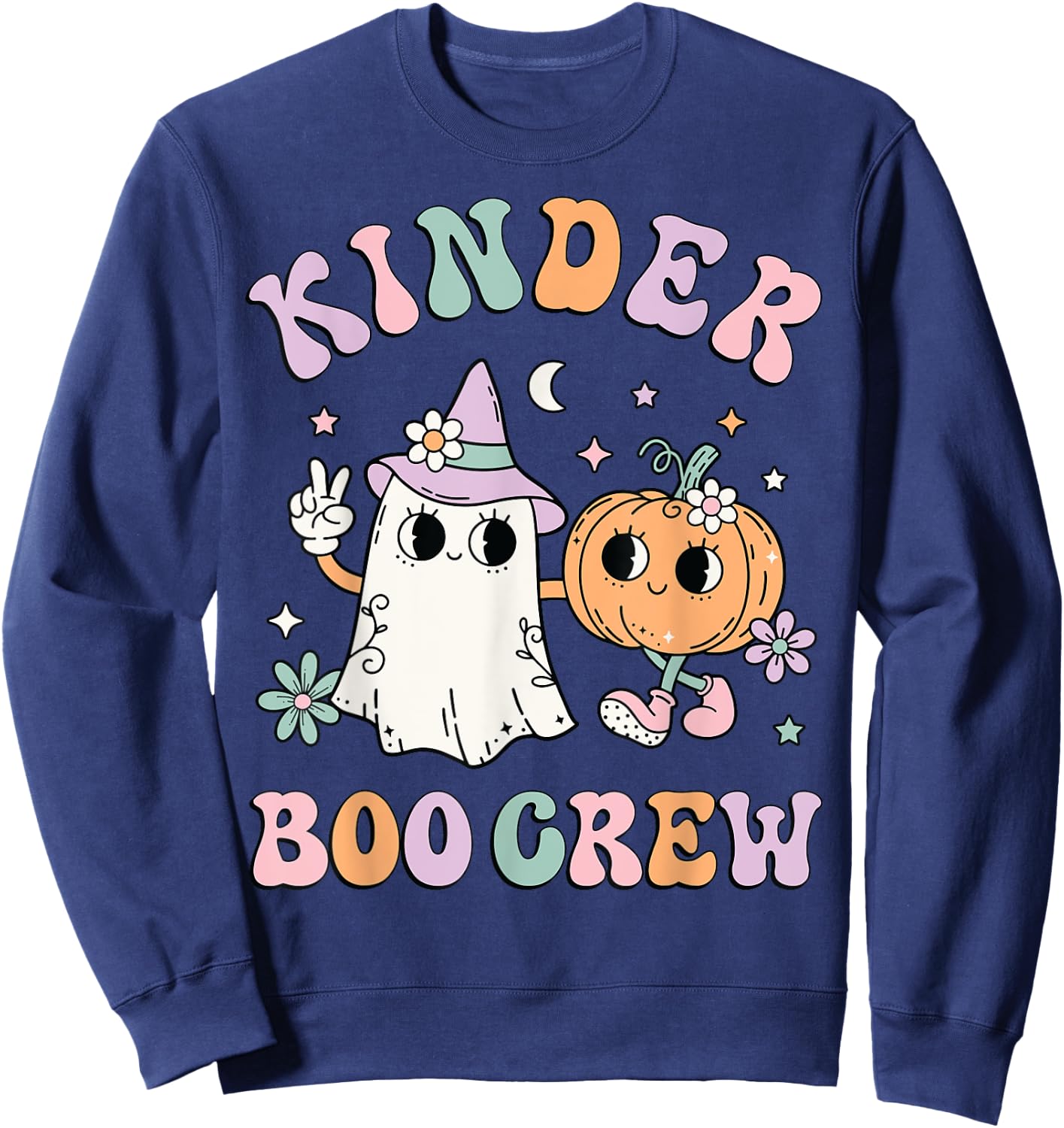 Kinder Boo Crew Halloween Floral Ghost Kindergarten Teacher Men Women Kids Sweatshirt - Sweatshirt | Navy