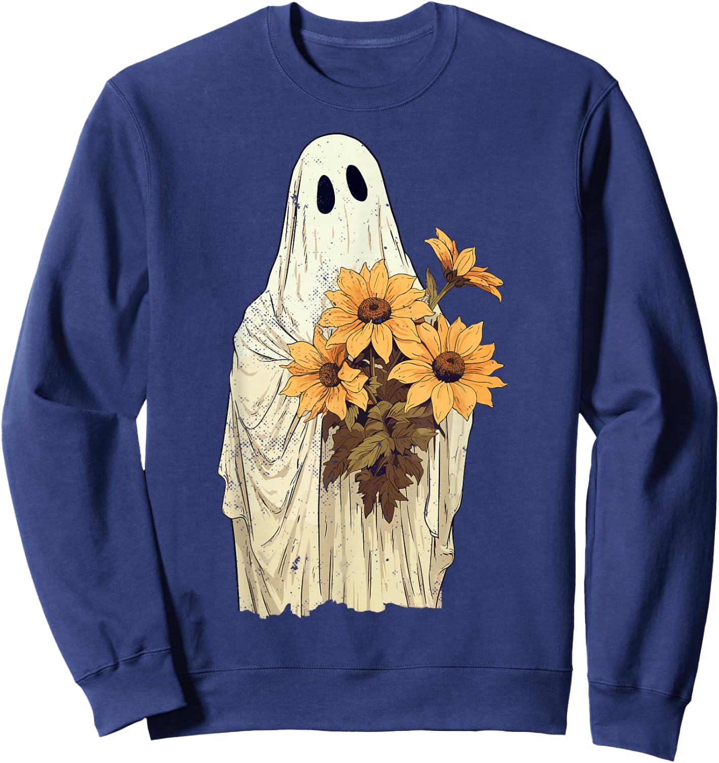 Vintage Floral Ghost Sunflowers Spooky Halloween Graphic Sweatshirt - Sweatshirt | Navy