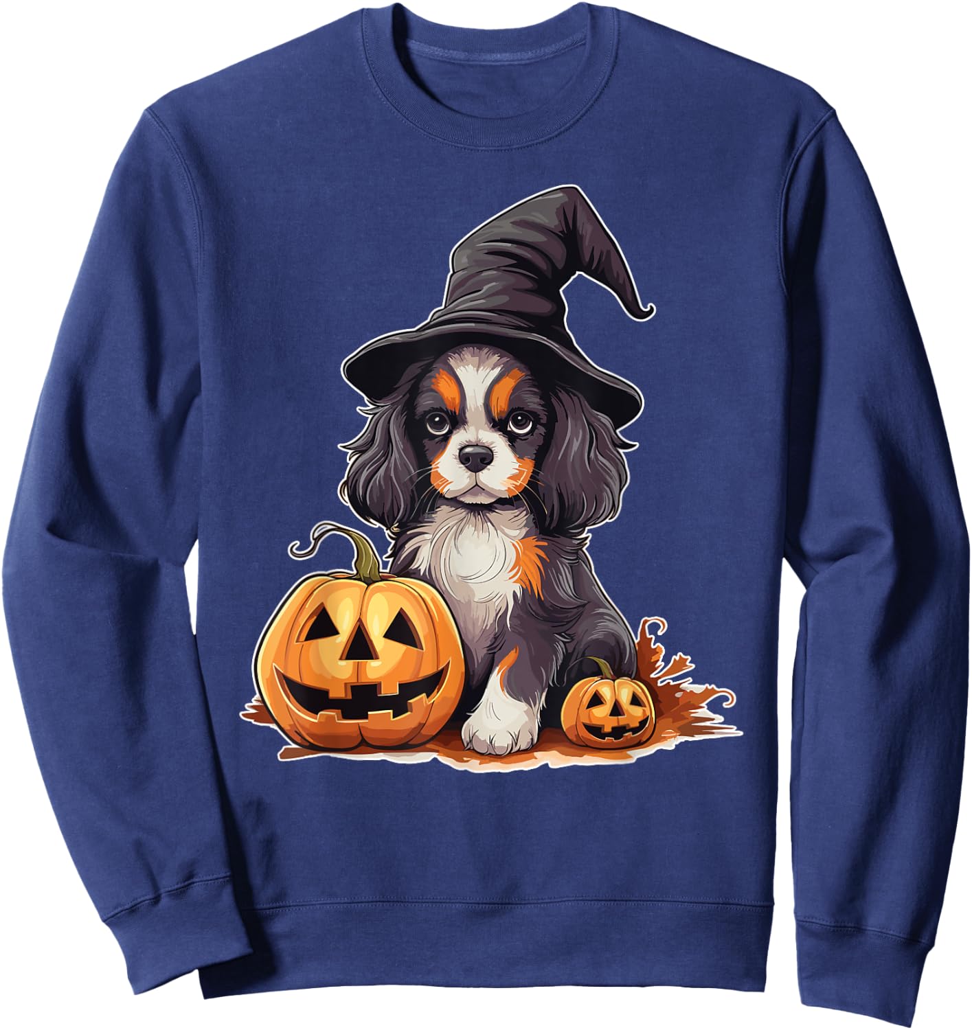 Halloween Witch Hat Pumpkin Dog Cavalier King Charles Women Kids Sweatshirt - Sweatshirt | Navy