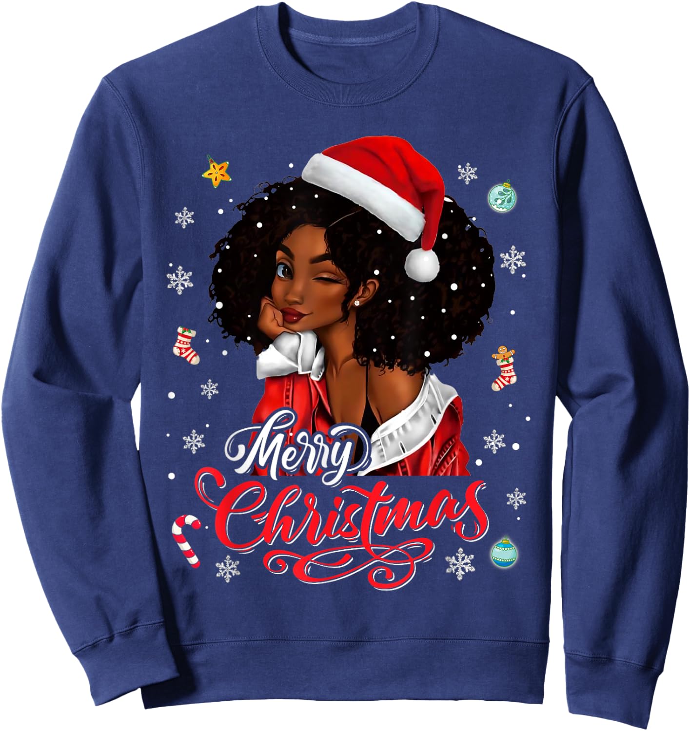 Merry Christmas Black Queen Girl African Santa Melanin Women Sweatshirt - Sweatshirt | Navy
