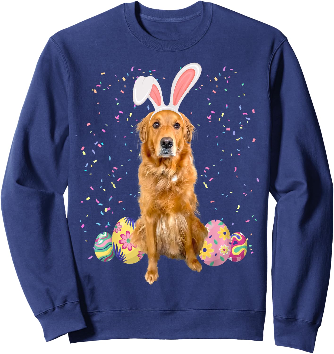 Cute Easter Golden Retriever With Easter Bunny Ears & Eggs Sweatshirt - Sweatshirt | Navy