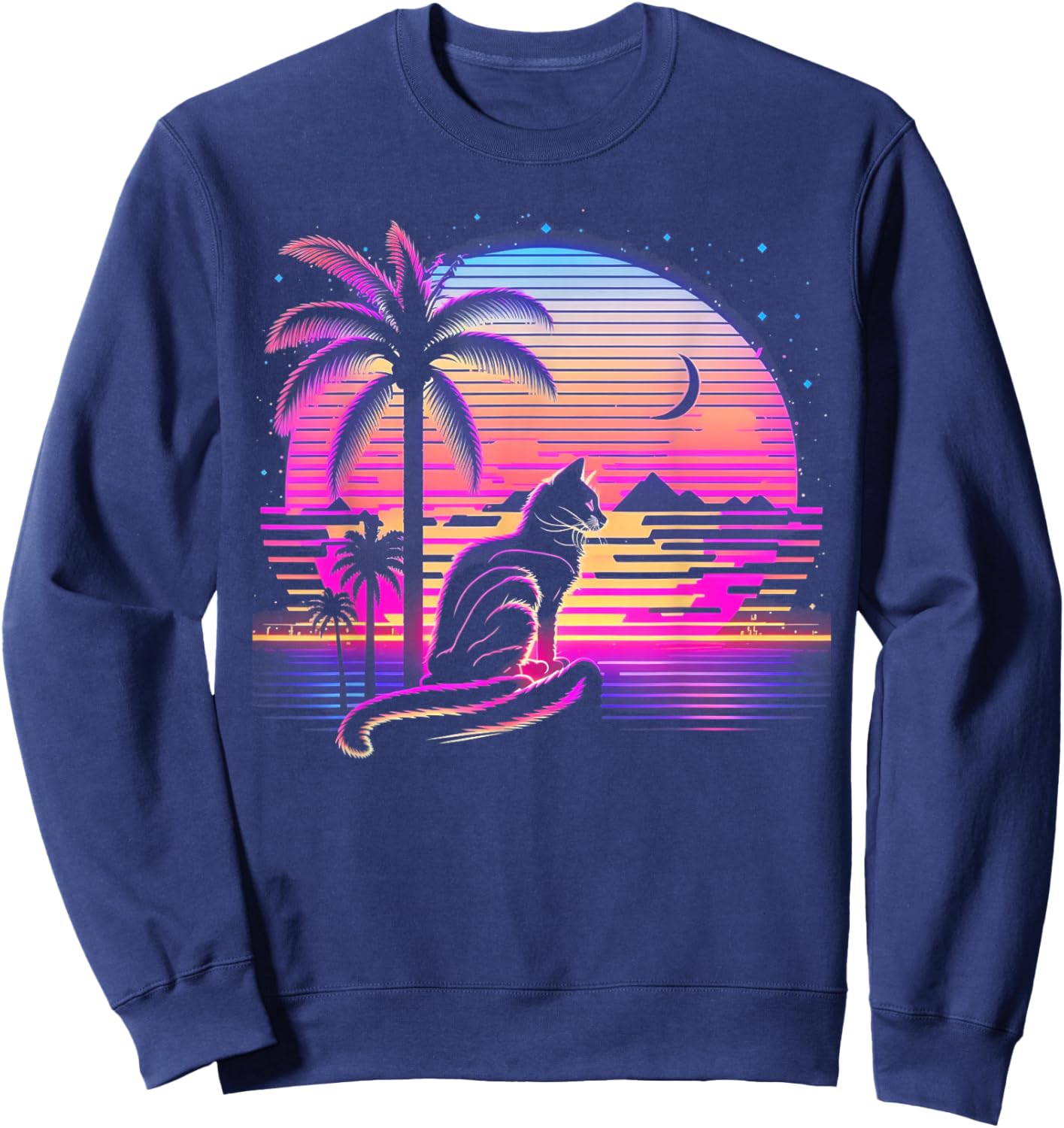 Cat Vaporwave Retrowave Aesthetic Synthwave 80s Palm Tree Men Women Kids Sweatshirt - Sweatshirt | Navy