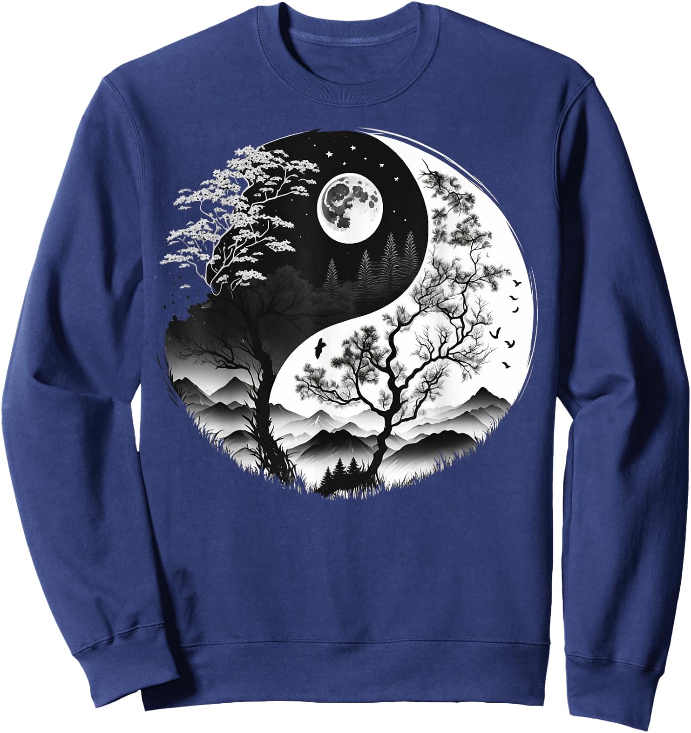 Black and White Yin Yang Symbol on Nature Taijitu Yin Yang Sweatshirt - Sweatshirt | Navy