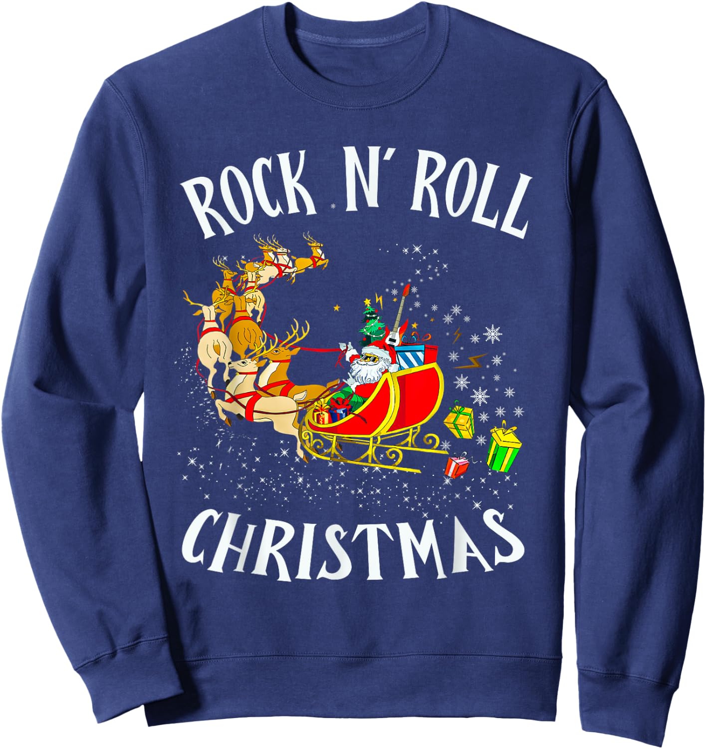 Rock N Roll Christmas Santa Sleigh Reindeer Xmas Sweatshirt - Sweatshirt | Navy