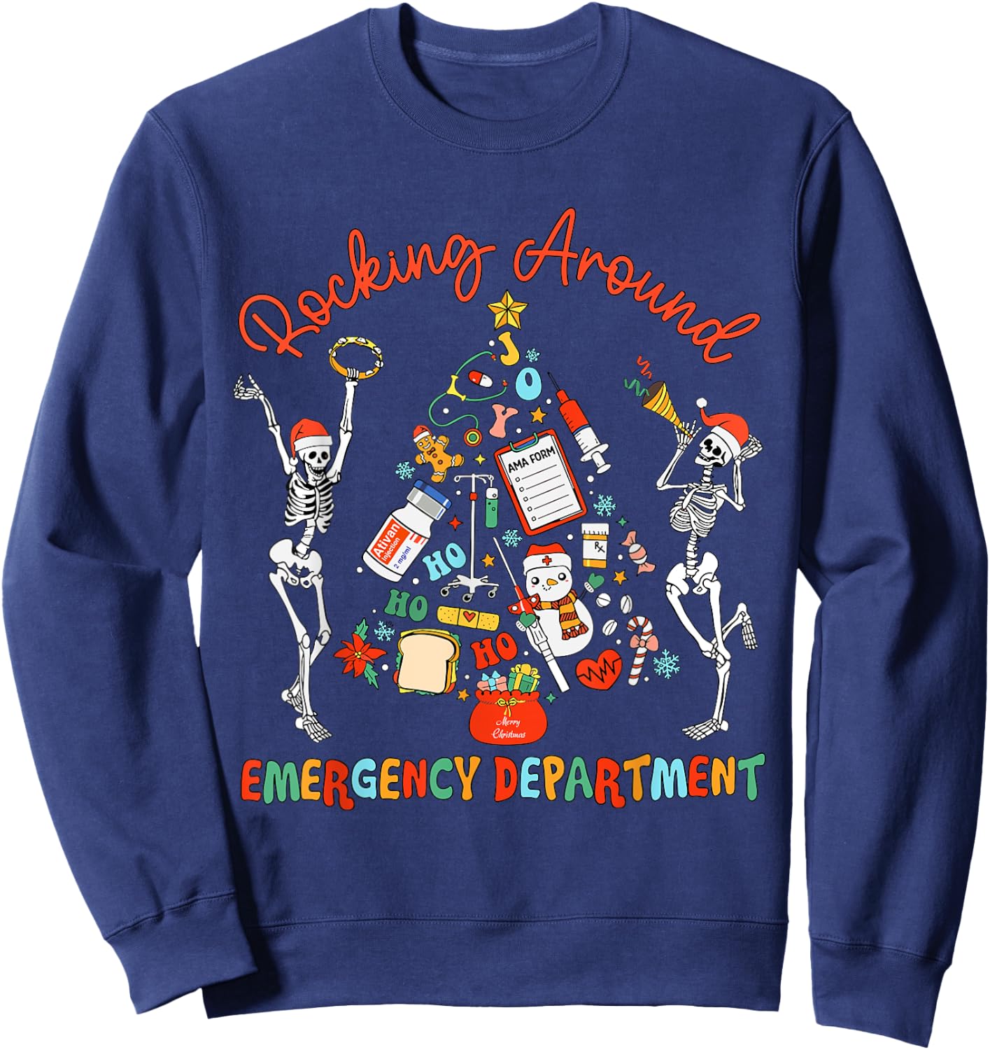 Emergency Department Nurse Rocking Around Skeleton Christmas Sweatshirt - Sweatshirt | Navy
