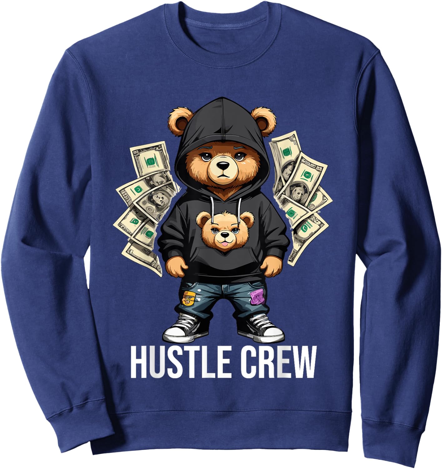 Money Hustle Crew Teddy Bear Gangster Dollar Hustler Sweatshirt - Sweatshirt | Navy