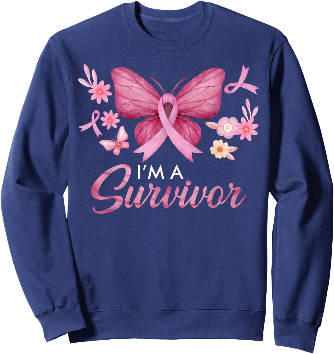 Faith Love Hope Survivor Pink Ribbon Breast Cancer Awareness Sweatshirt - Sweatshirt | Navy
