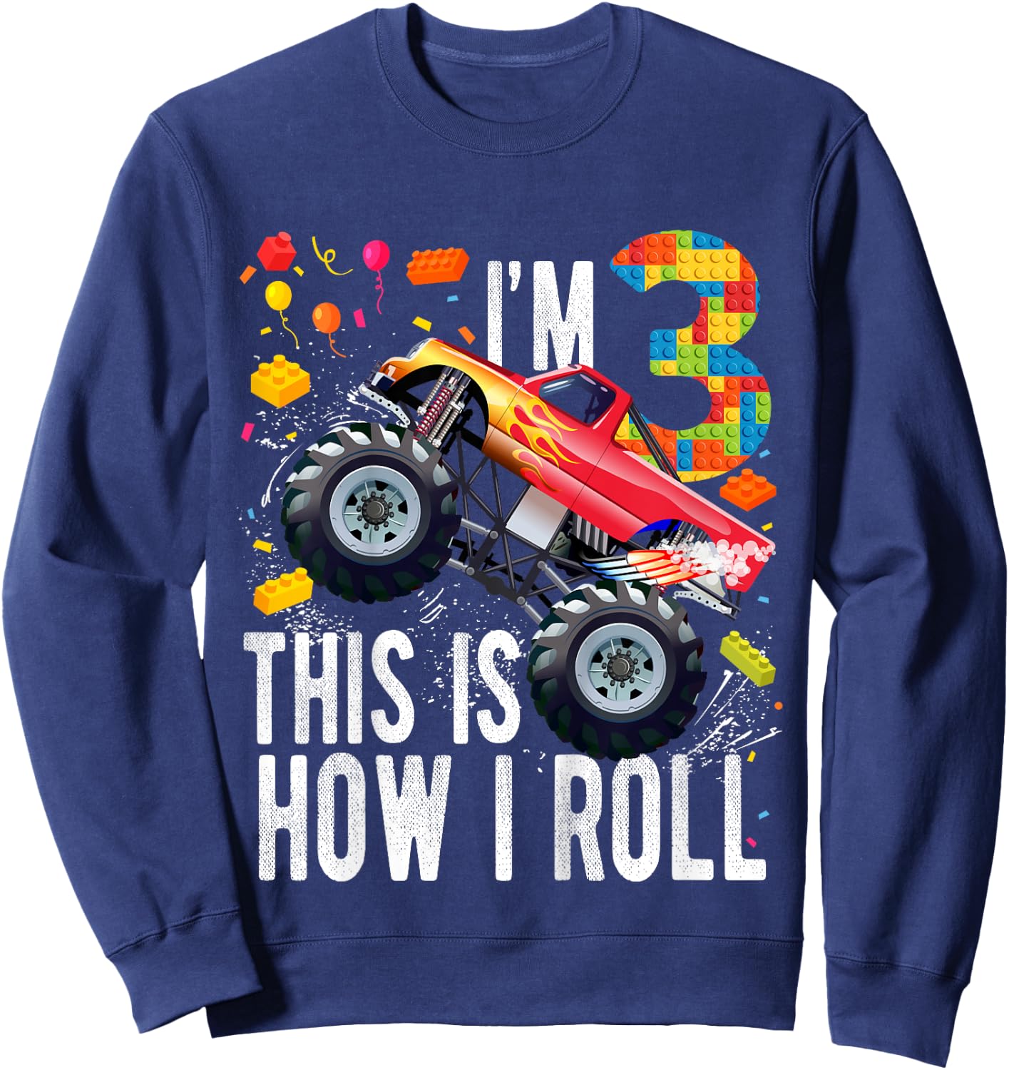 Kids 3 Year Old Building Blocks Monster Truck 3rd Birthday Boy Sweatshirt - Sweatshirt | Navy