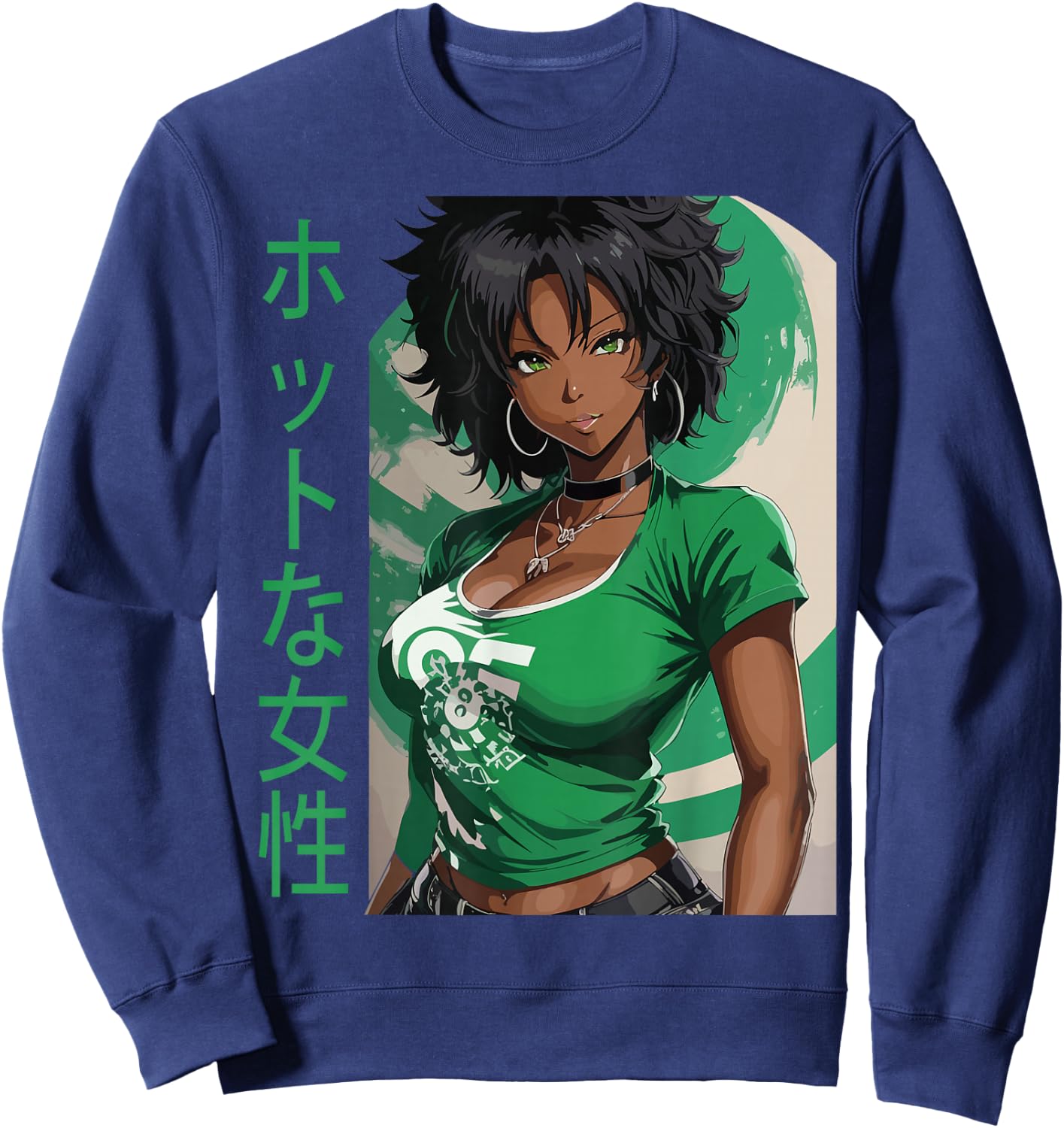 Black Anime Girl Kawaii Waifu Aesthetic Japanese Woman Sweatshirt - Sweatshirt | Navy