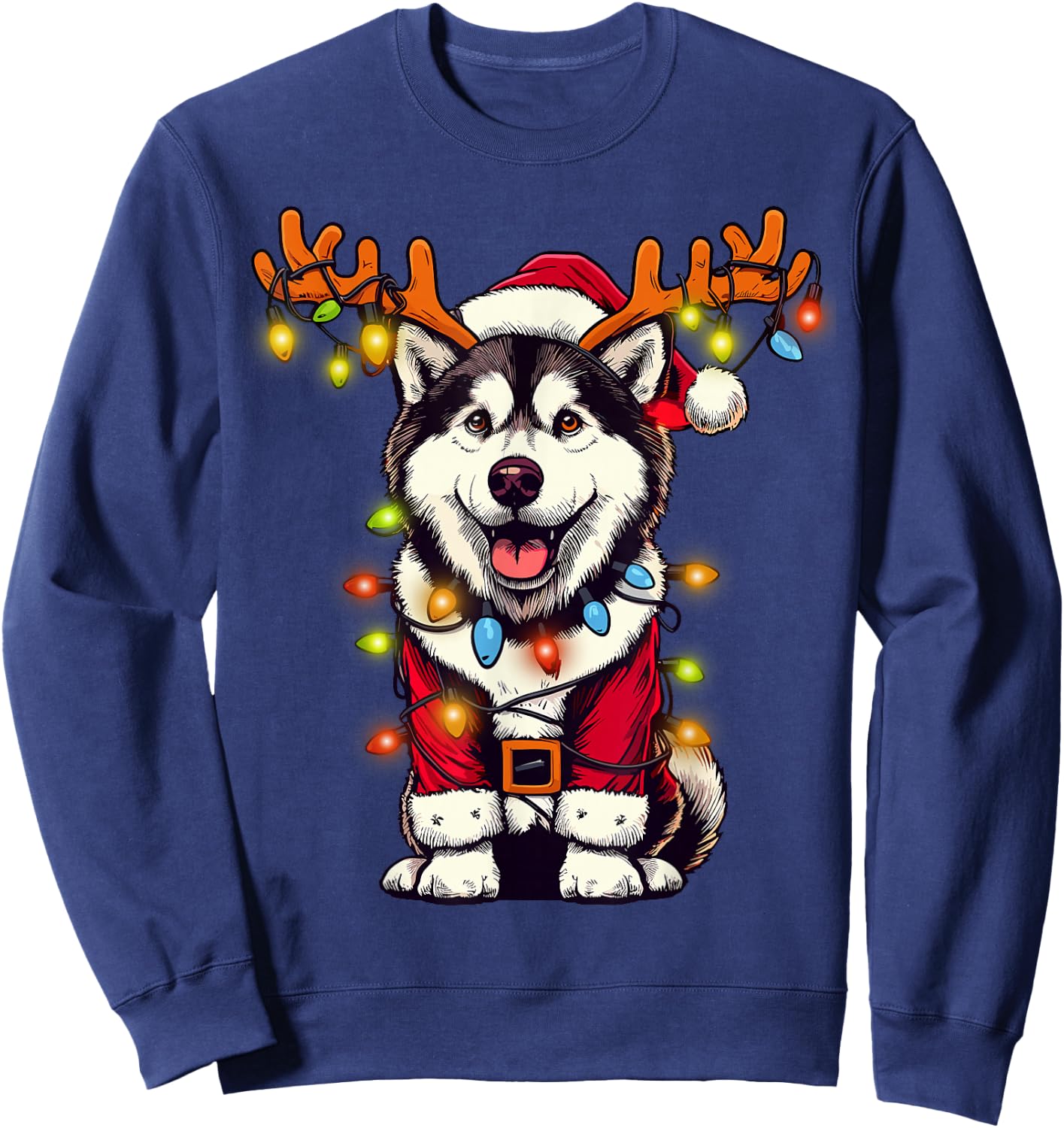 Funny Siberian Husky Christmas Tree Lights, Santa Dog Sweatshirt - Sweatshirt | Navy