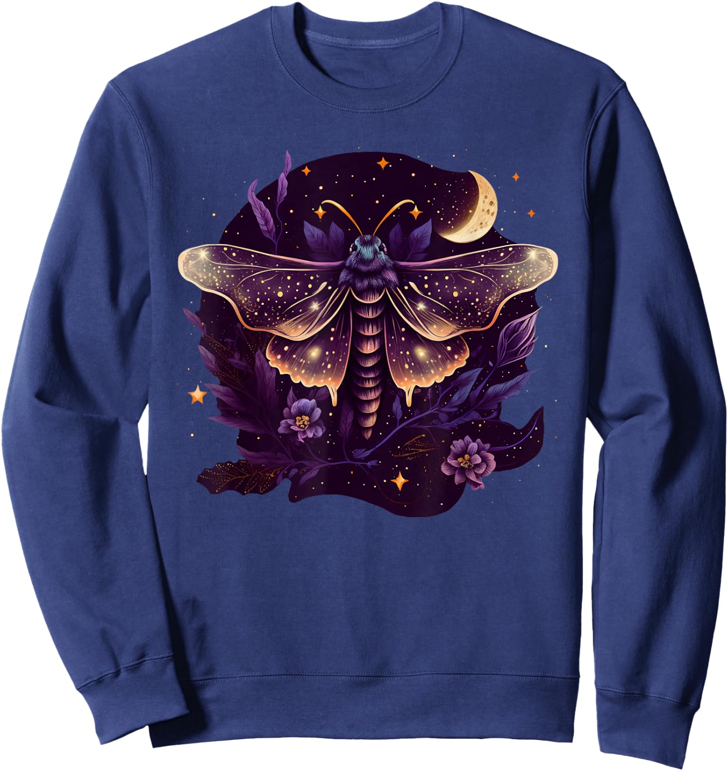 Moth with moon, butterfly, flowers, stars, night, vintage Sweatshirt - Sweatshirt | Navy