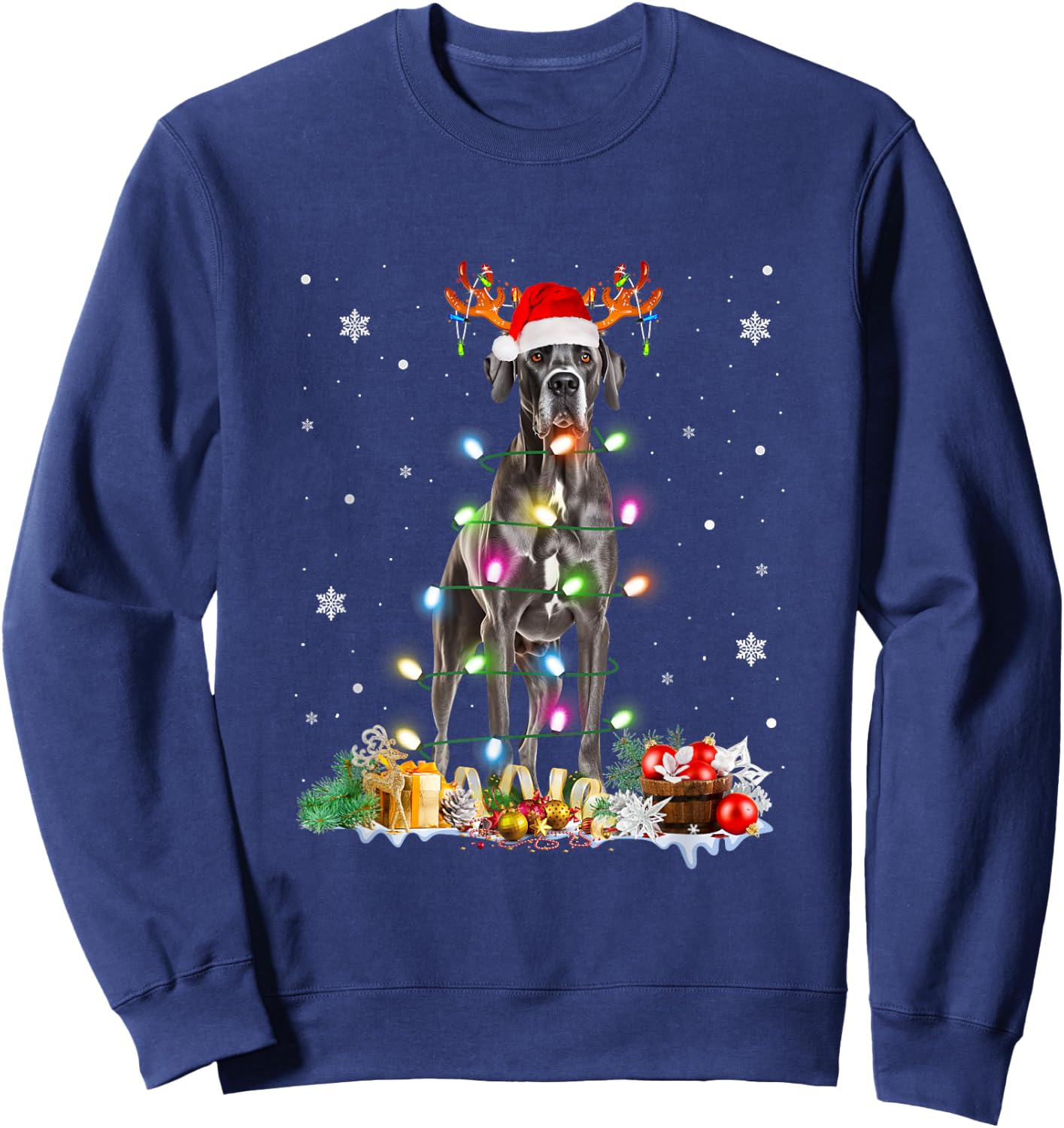 Great Dane Christmas Santa Hat Fairy Lights Pajama Dog Lover Men Women Kids Sweatshirt - Sweatshirt | Navy