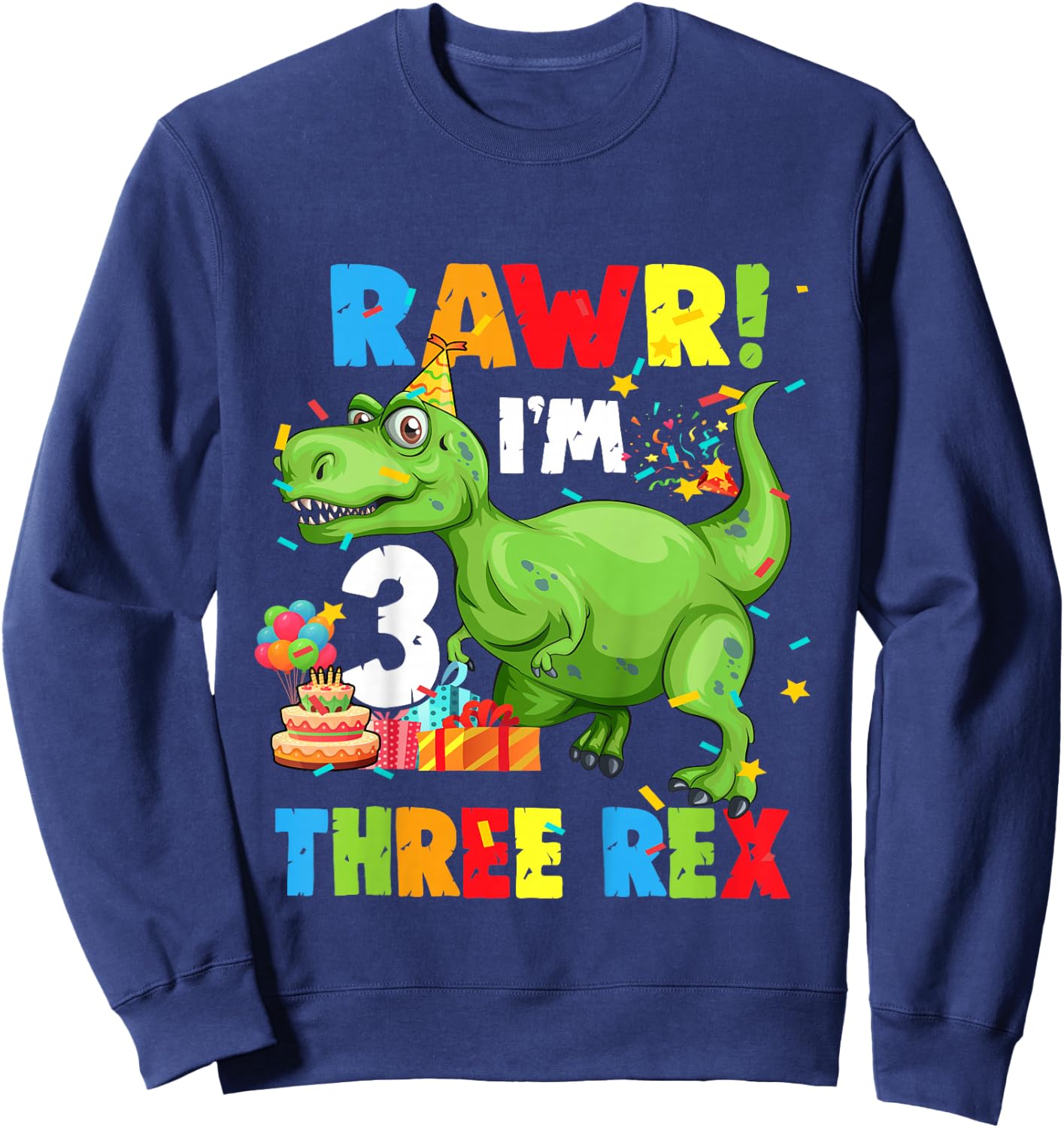 Kids Three Rex Birthday Party Outfit Dinosaur 3 Year Old Boy Sweatshirt - Sweatshirt | Navy
