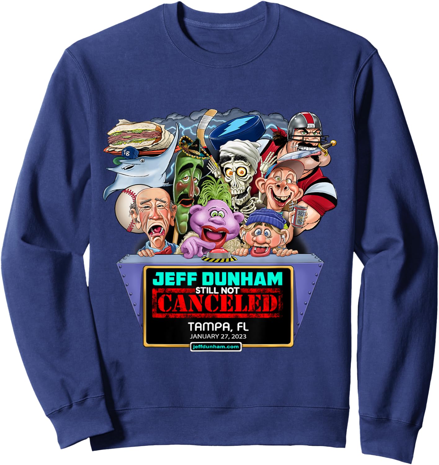 Jeff Dunham Black Cartoon , -Adults/Kids, Small, Short Sleeve, Classic Fit, Modern Style, Limited Edition Design, Jeff Dunham Tampa, FL (2023) Sweatshirt - Sweatshirt | Navy