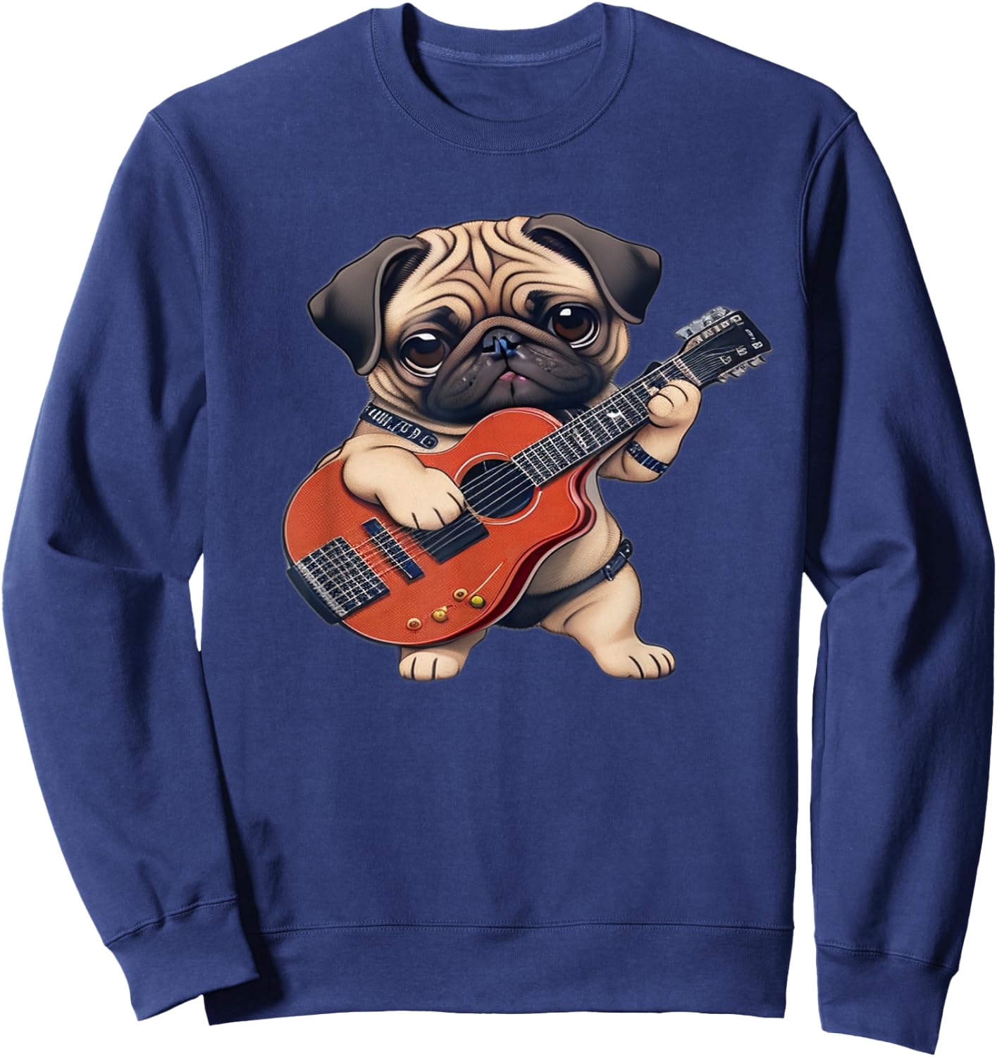 Pug Playing Guitar Cute Pug Electric Bass Guitar Player Sweatshirt - Sweatshirt | Navy