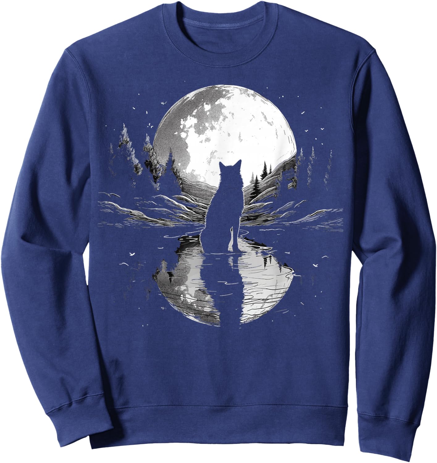 wolf looking moon on River for lover wolves wildlife animal Sweatshirt - Sweatshirt | Navy