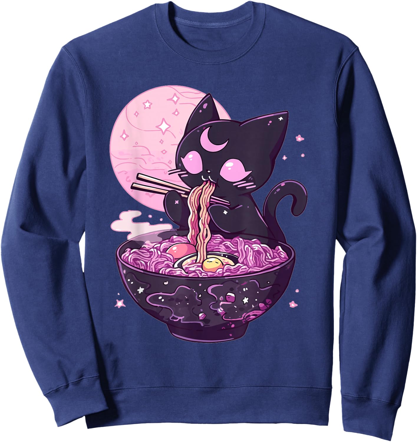 Pastel Goth Aesthetic Kawaii Creepy Cat Eating Ramen Noodles Sweatshirt - Sweatshirt | Navy
