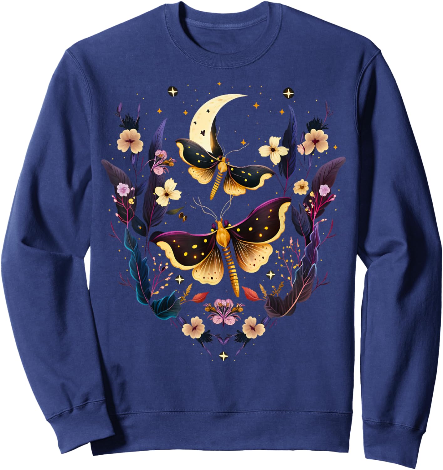 Moths with moon, flowers, butterfly, Wicca, goth, night Sweatshirt - Sweatshirt | Navy