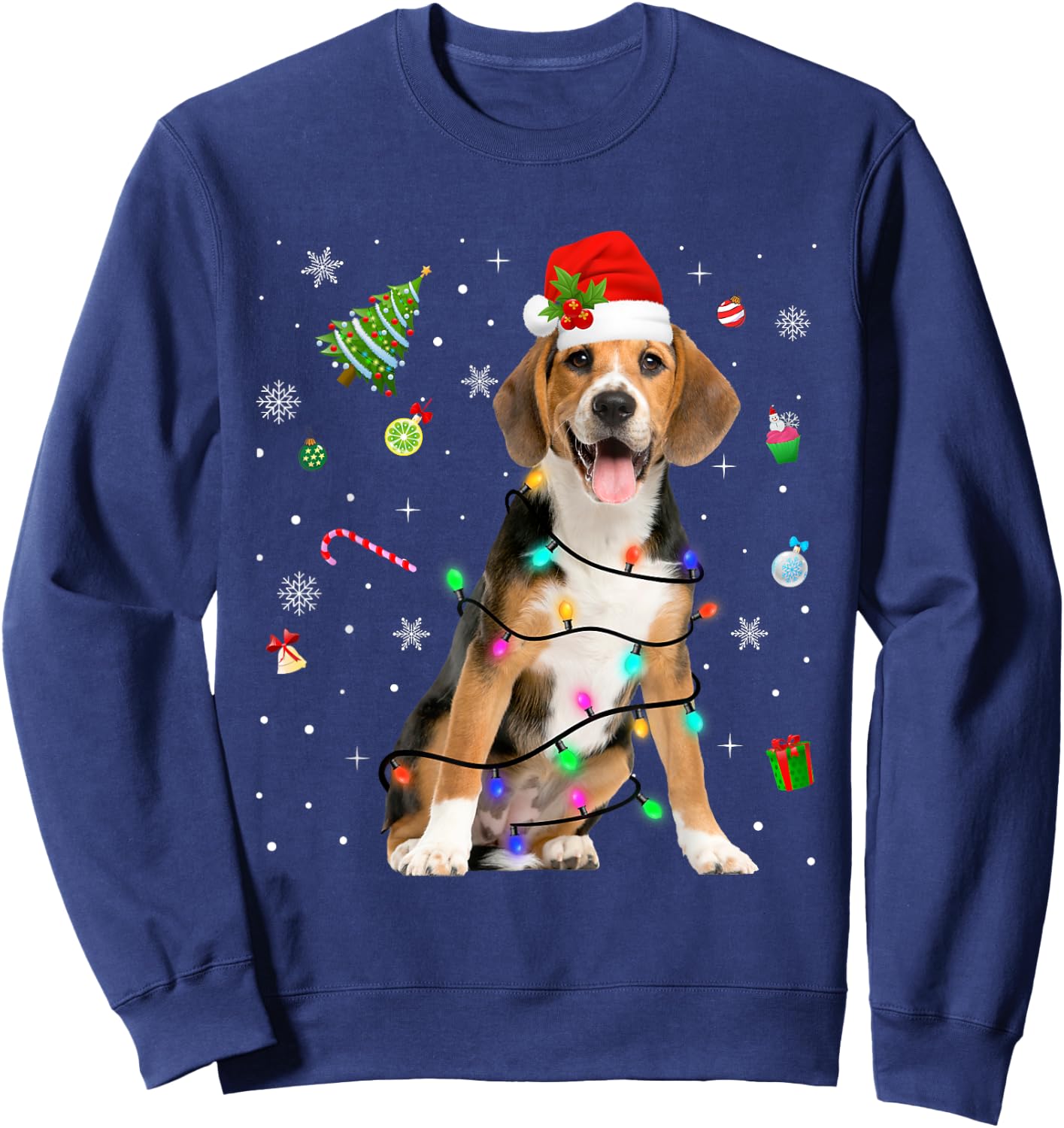Beagle Dog Christmas Lights Santa Hat Dog Dad Mom Women Kids Sweatshirt - Sweatshirt | Navy