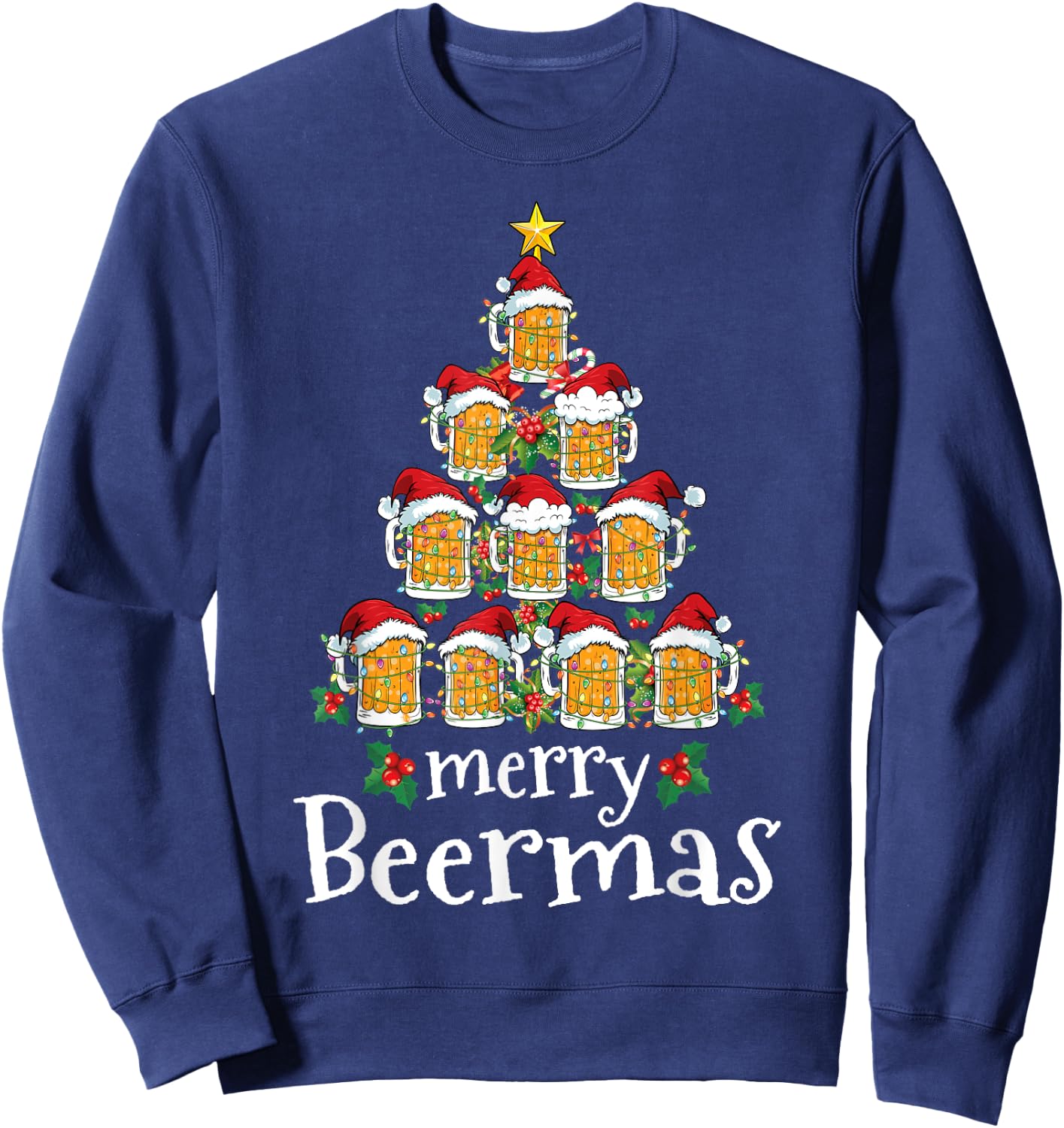 Funny Christmas Shirt Women Men Merry Beermas Beer Mug Tree Sweatshirt - Sweatshirt | Navy