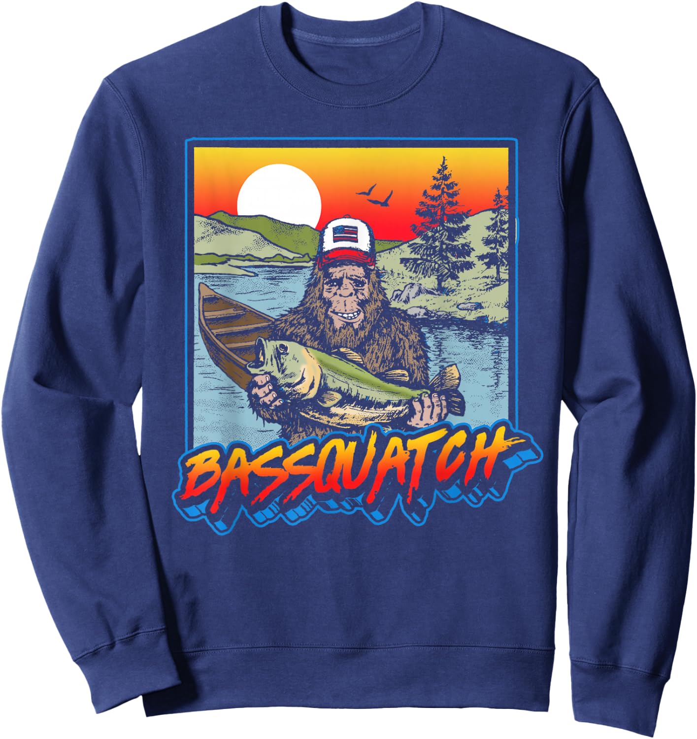 Bassquatch! Funny Bass Fishing Sasquatch Retro 80s Sweatshirt - Sweatshirt | Navy